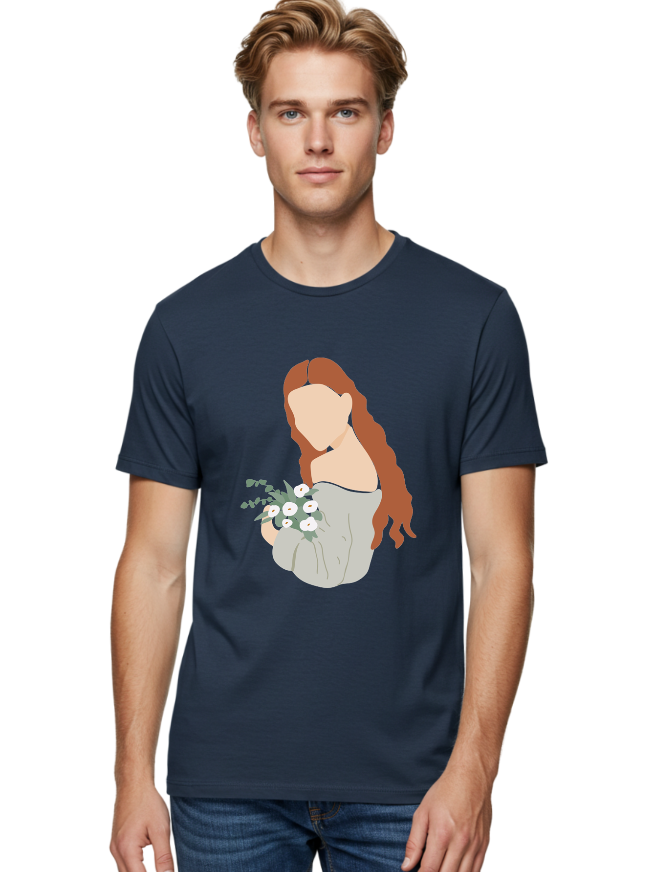 Woman-With-Flowers-1 Men'S Graphic Tee, 100% Cotton, Comfortable Casual Summer Wear, Machine Washable, Woman Holding Flowers, White Flowers, Long Red Hair, Braided Hairstyle, Grey Dress, Elegant, Femininity, Simplicity, Floral Arrangement, Aae073