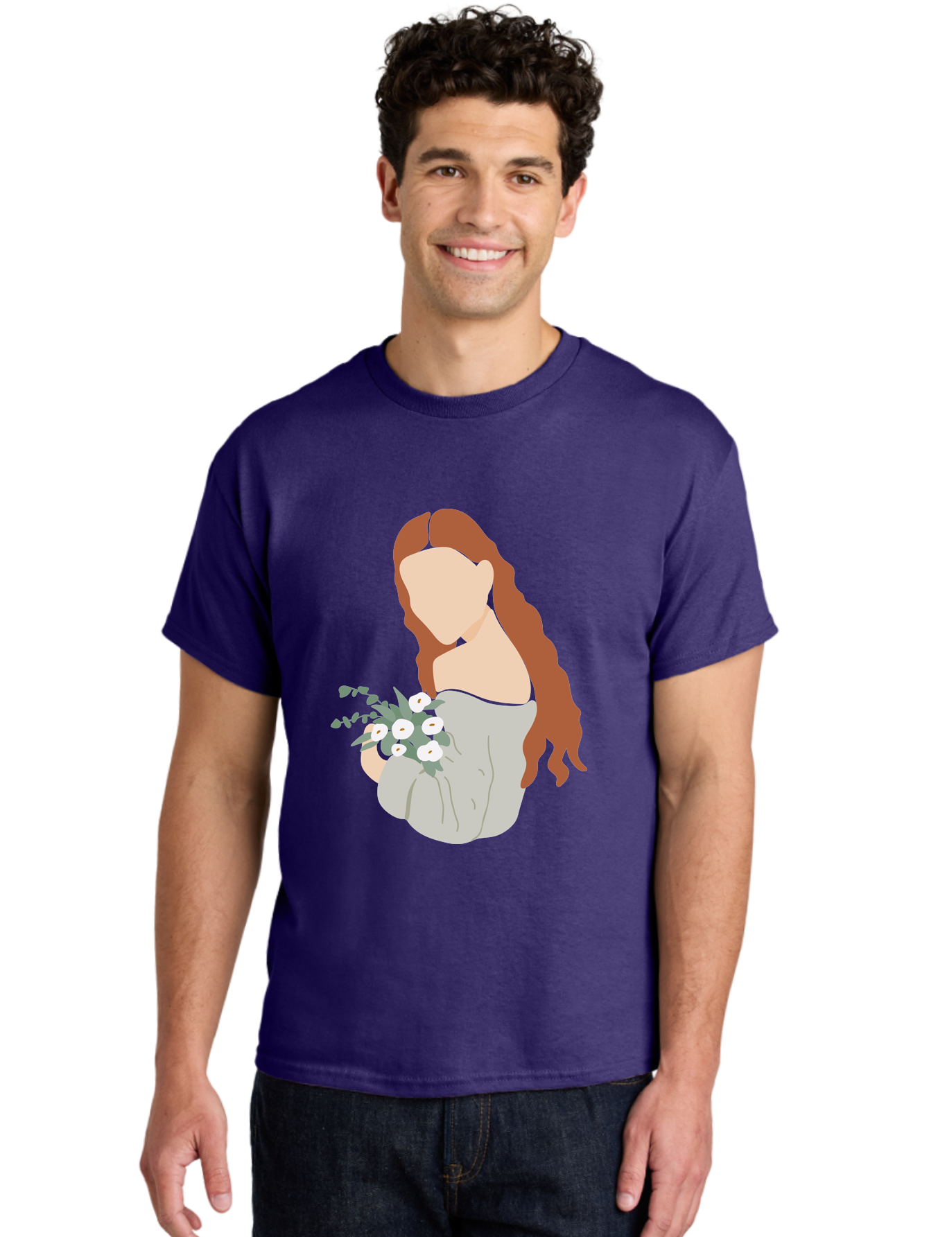 Woman-With-Flowers-1 Men'S Graphic Tee, 100% Cotton, Comfortable Casual Summer Wear, Machine Washable, Woman Holding Flowers, White Flowers, Long Red Hair, Braided Hairstyle, Grey Dress, Elegant, Femininity, Simplicity, Floral Arrangement, Aae073