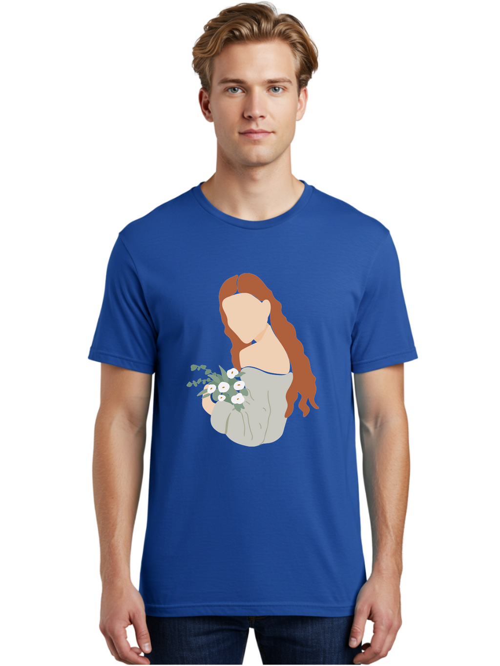 Woman-With-Flowers-1 Men'S Graphic Tee, 100% Cotton, Comfortable Casual Summer Wear, Machine Washable, Woman Holding Flowers, White Flowers, Long Red Hair, Braided Hairstyle, Grey Dress, Elegant, Femininity, Simplicity, Floral Arrangement, Aae073