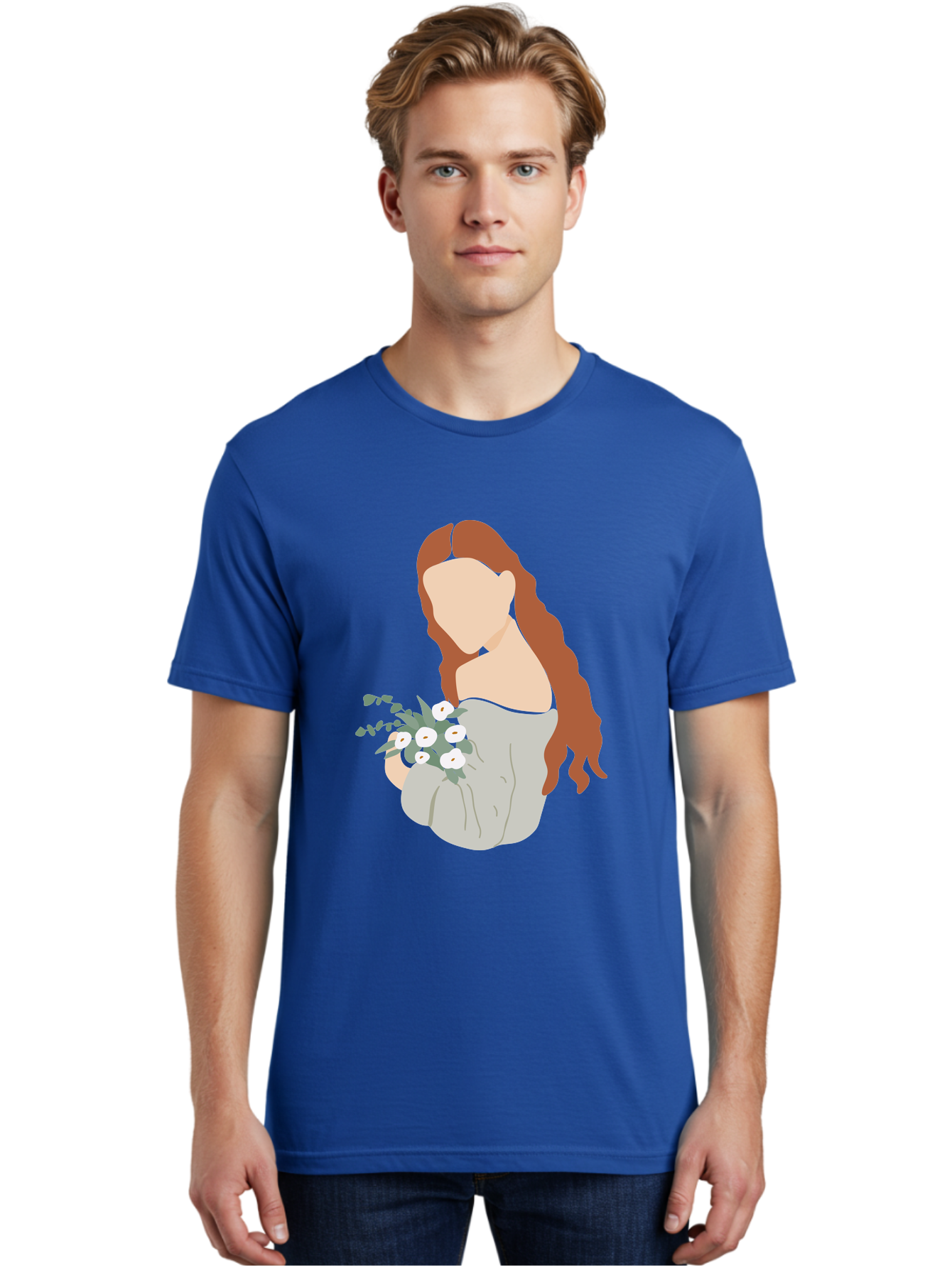Woman-With-Flowers-1 Men'S Graphic Tee, 100% Cotton, Comfortable Casual Summer Wear, Machine Washable, Woman Holding Flowers, White Flowers, Long Red Hair, Braided Hairstyle, Grey Dress, Elegant, Femininity, Simplicity, Floral Arrangement, Aae073