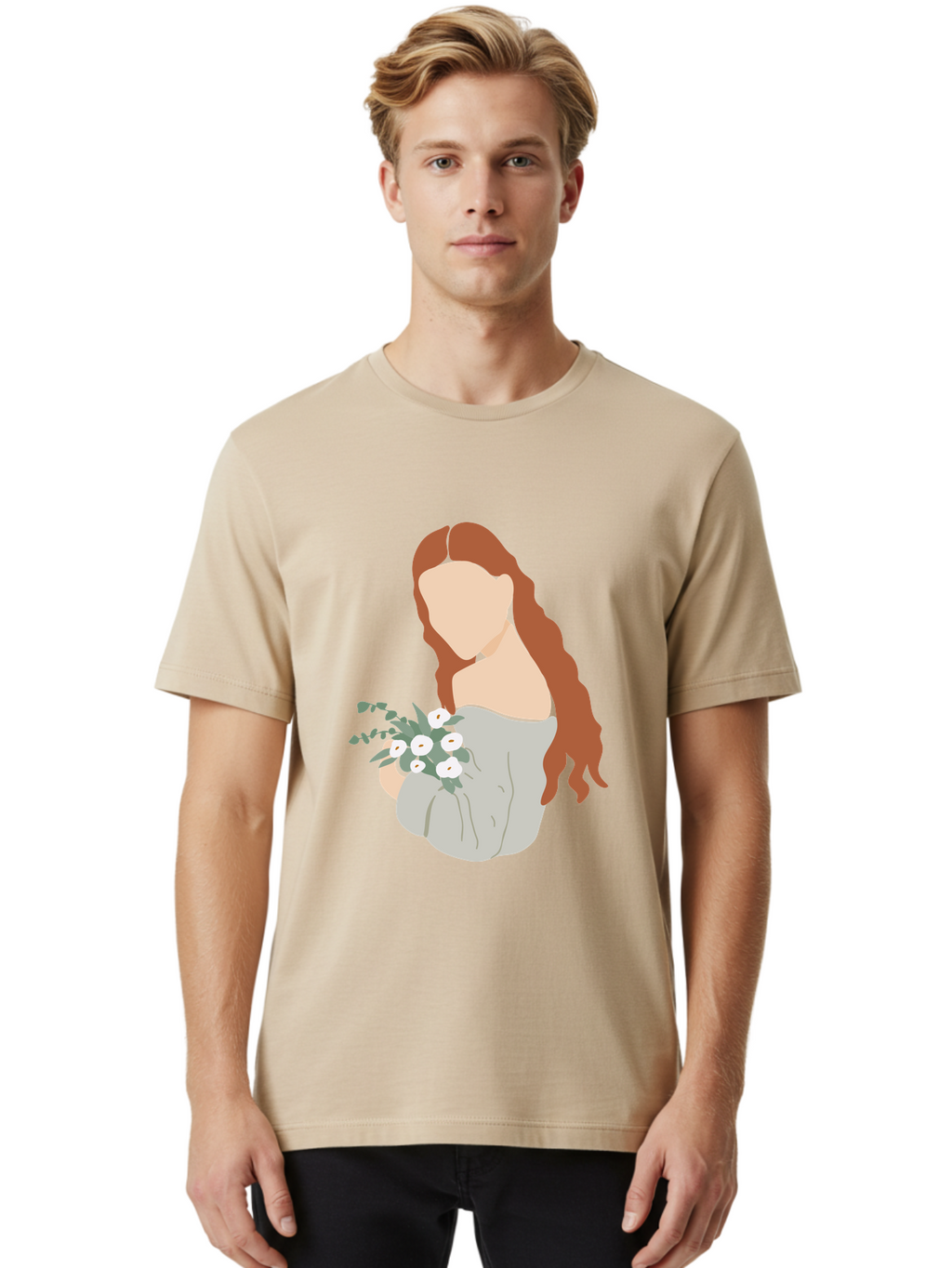 Woman-With-Flowers-1 Men'S Graphic Tee, 100% Cotton, Comfortable Casual Summer Wear, Machine Washable, Woman Holding Flowers, White Flowers, Long Red Hair, Braided Hairstyle, Grey Dress, Elegant, Femininity, Simplicity, Floral Arrangement, Aae073