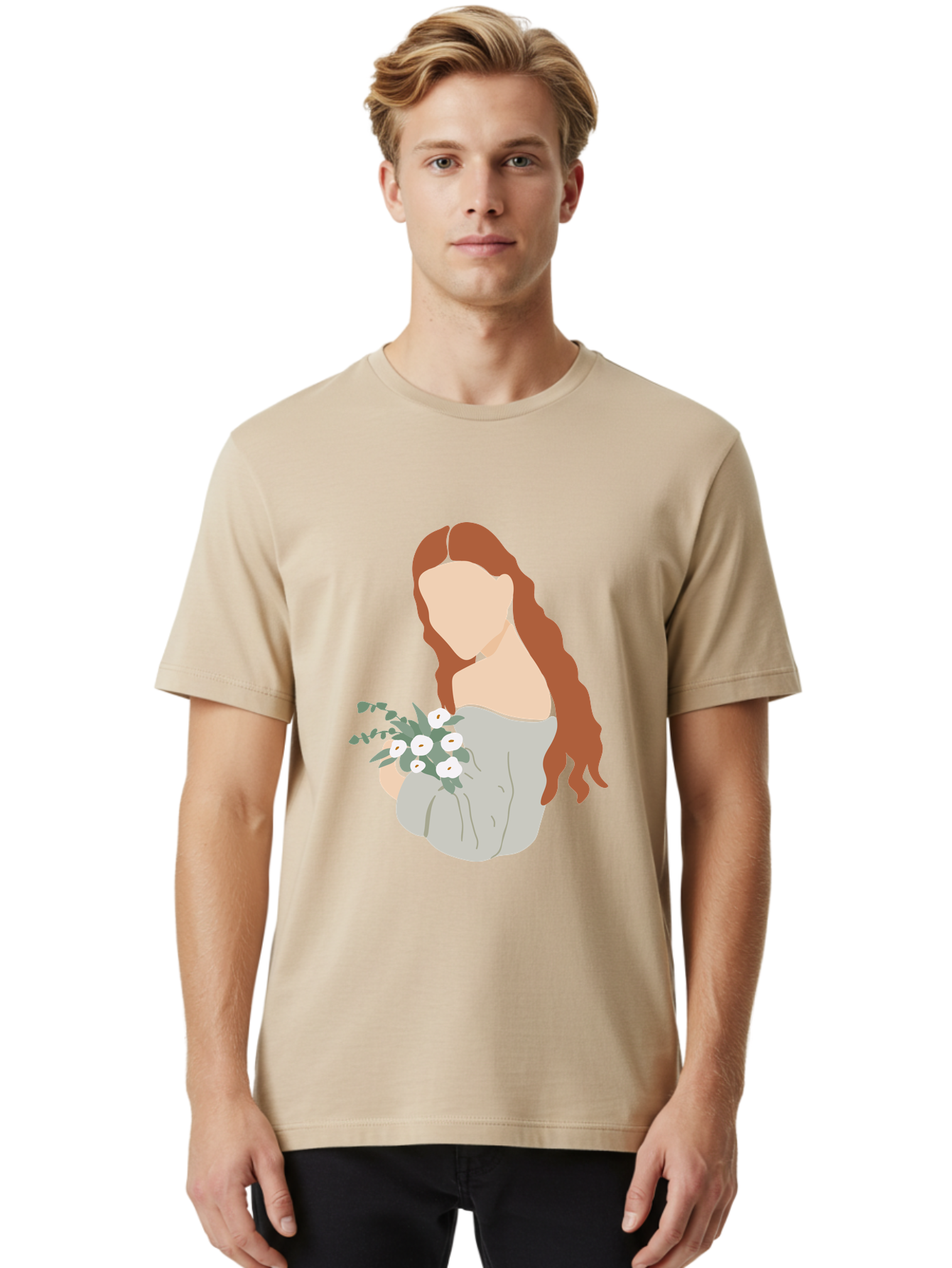 Woman-With-Flowers-1 Men'S Graphic Tee, 100% Cotton, Comfortable Casual Summer Wear, Machine Washable, Woman Holding Flowers, White Flowers, Long Red Hair, Braided Hairstyle, Grey Dress, Elegant, Femininity, Simplicity, Floral Arrangement, Aae073