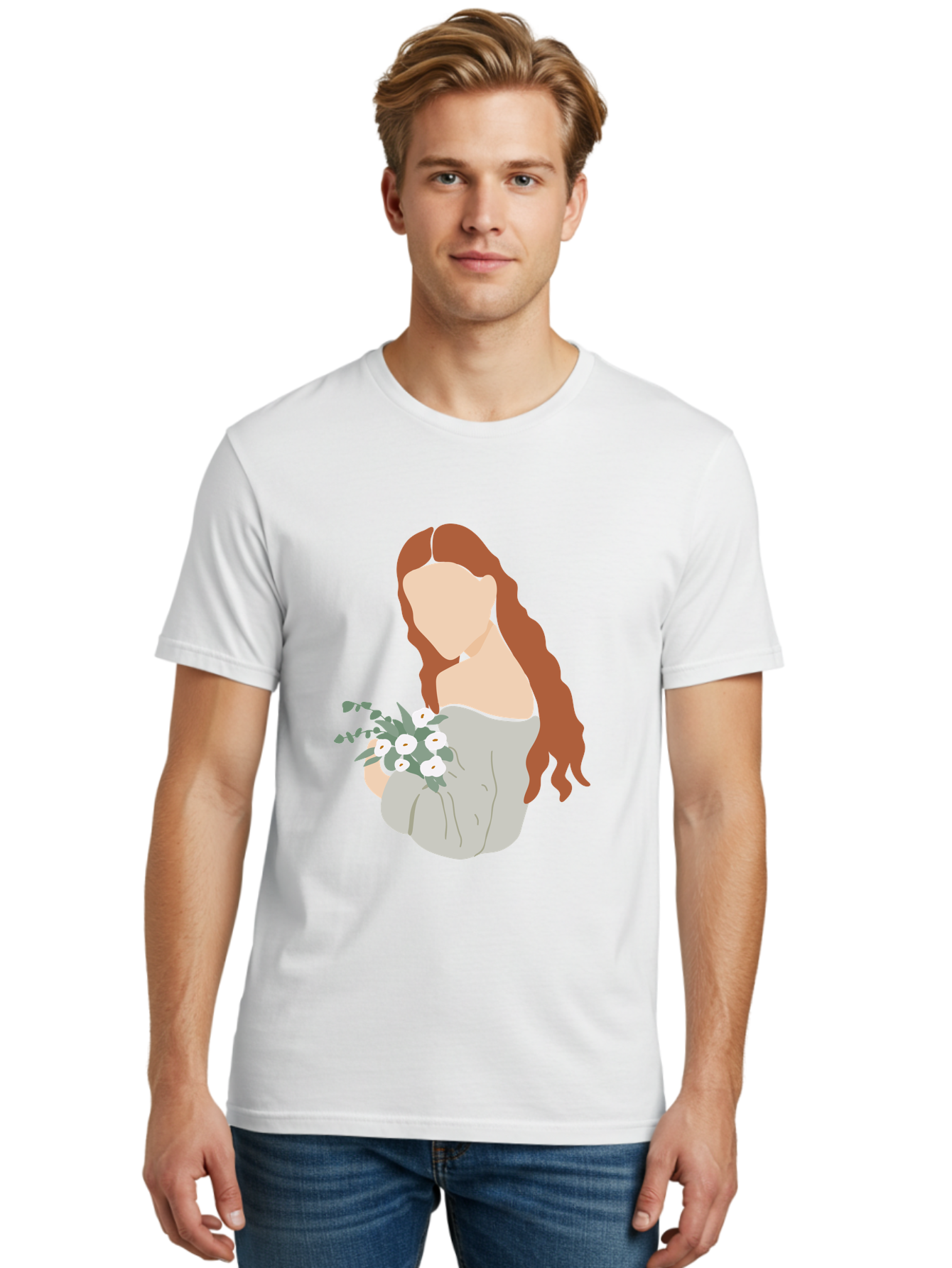 Woman-With-Flowers-1 Men'S Graphic Tee, 100% Cotton, Comfortable Casual Summer Wear, Machine Washable, Woman Holding Flowers, White Flowers, Long Red Hair, Braided Hairstyle, Grey Dress, Elegant, Femininity, Simplicity, Floral Arrangement, Aae073