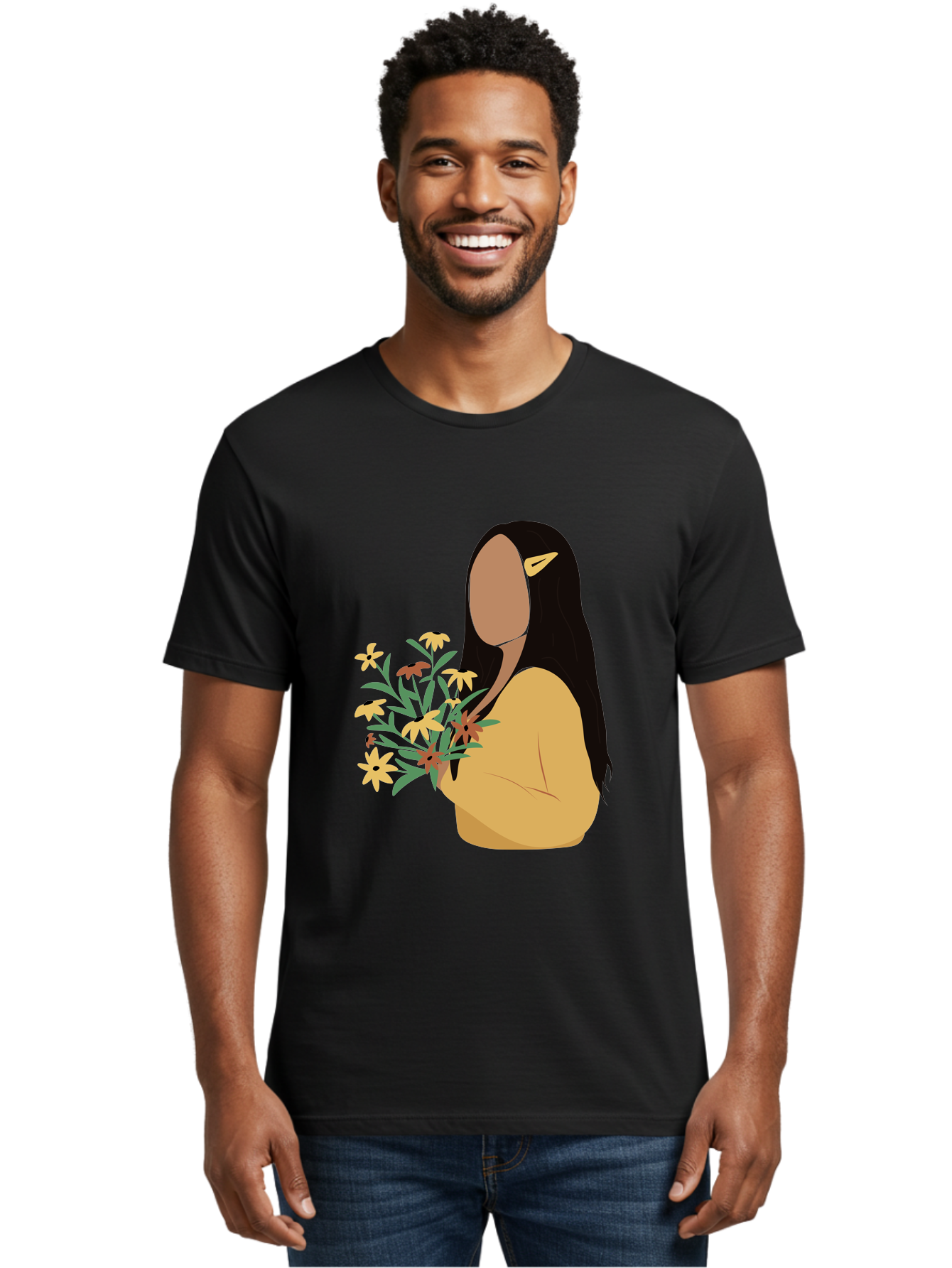 Woman-With-Flowers Men'S Graphic Tee, 100% Cotton, Comfortable Casual Summer Wear, Machine Washable, Woman Holding Flowers, Simple Illustration, Minimalist Design, Yellow Flowers, Long Black Hair, Yellow Shirt, Elegance, Simplicity, Aae074
