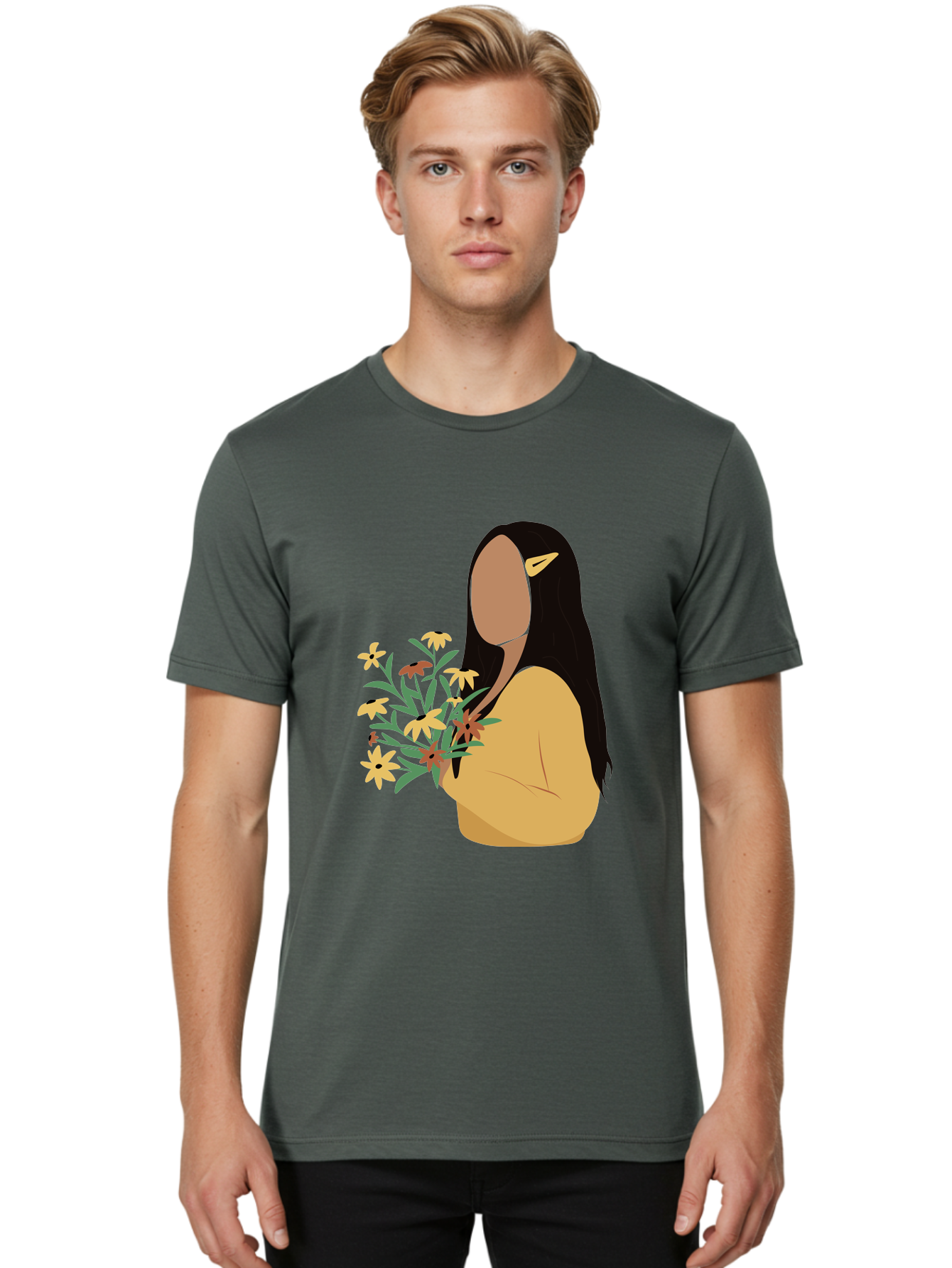 Woman-With-Flowers Men'S Graphic Tee, 100% Cotton, Comfortable Casual Summer Wear, Machine Washable, Woman Holding Flowers, Simple Illustration, Minimalist Design, Yellow Flowers, Long Black Hair, Yellow Shirt, Elegance, Simplicity, Aae074
