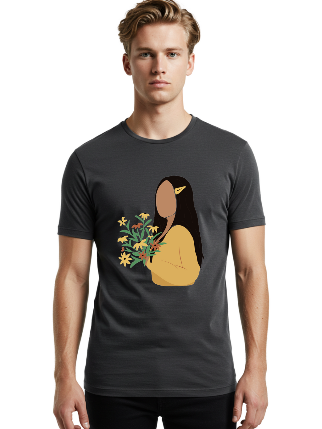 Woman-With-Flowers Men'S Graphic Tee, 100% Cotton, Comfortable Casual Summer Wear, Machine Washable, Woman Holding Flowers, Simple Illustration, Minimalist Design, Yellow Flowers, Long Black Hair, Yellow Shirt, Elegance, Simplicity, Aae074