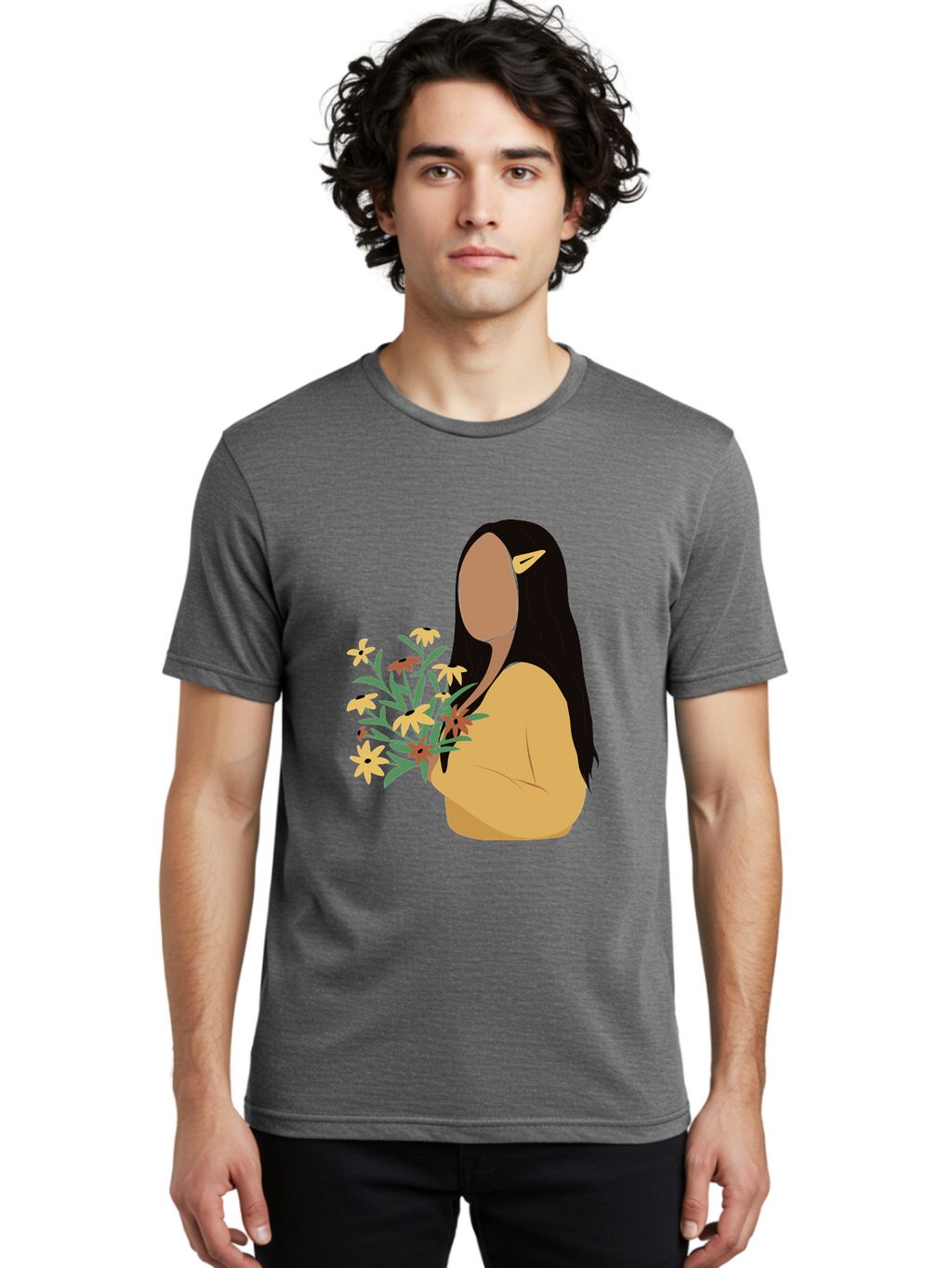 Woman-With-Flowers Men'S Graphic Tee, 100% Cotton, Comfortable Casual Summer Wear, Machine Washable, Woman Holding Flowers, Simple Illustration, Minimalist Design, Yellow Flowers, Long Black Hair, Yellow Shirt, Elegance, Simplicity, Aae074