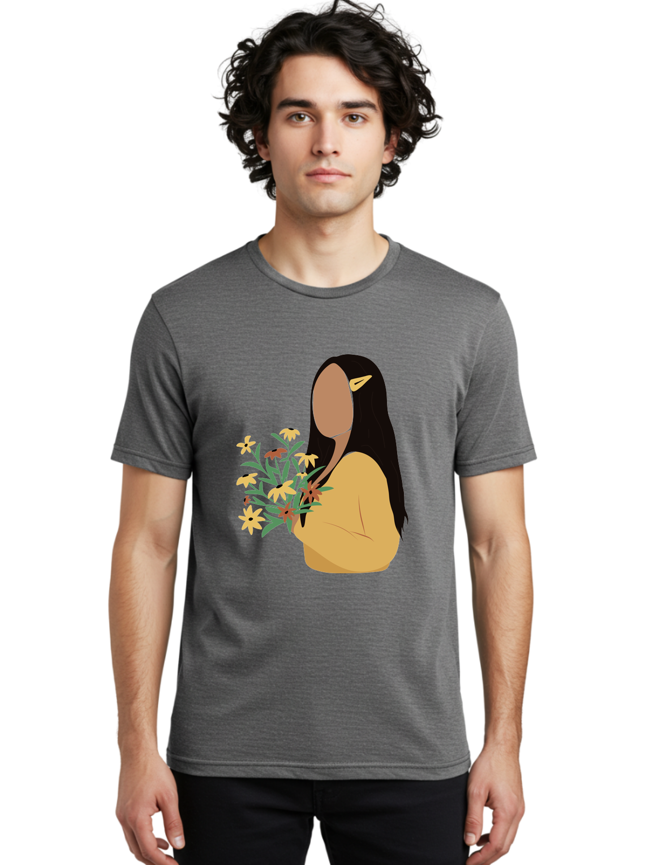 Woman-With-Flowers Men'S Graphic Tee, 100% Cotton, Comfortable Casual Summer Wear, Machine Washable, Woman Holding Flowers, Simple Illustration, Minimalist Design, Yellow Flowers, Long Black Hair, Yellow Shirt, Elegance, Simplicity, Aae074
