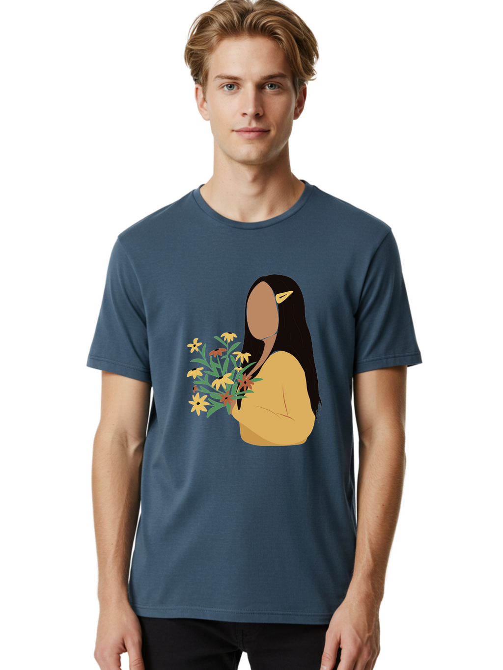 Woman-With-Flowers Men'S Graphic Tee, 100% Cotton, Comfortable Casual Summer Wear, Machine Washable, Woman Holding Flowers, Simple Illustration, Minimalist Design, Yellow Flowers, Long Black Hair, Yellow Shirt, Elegance, Simplicity, Aae074