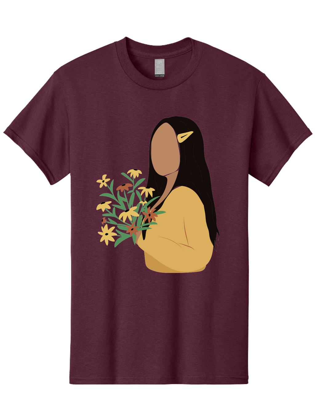 Woman-With-Flowers Men'S Graphic Tee, 100% Cotton, Comfortable Casual Summer Wear, Machine Washable, Woman Holding Flowers, Simple Illustration, Minimalist Design, Yellow Flowers, Long Black Hair, Yellow Shirt, Elegance, Simplicity, Aae074