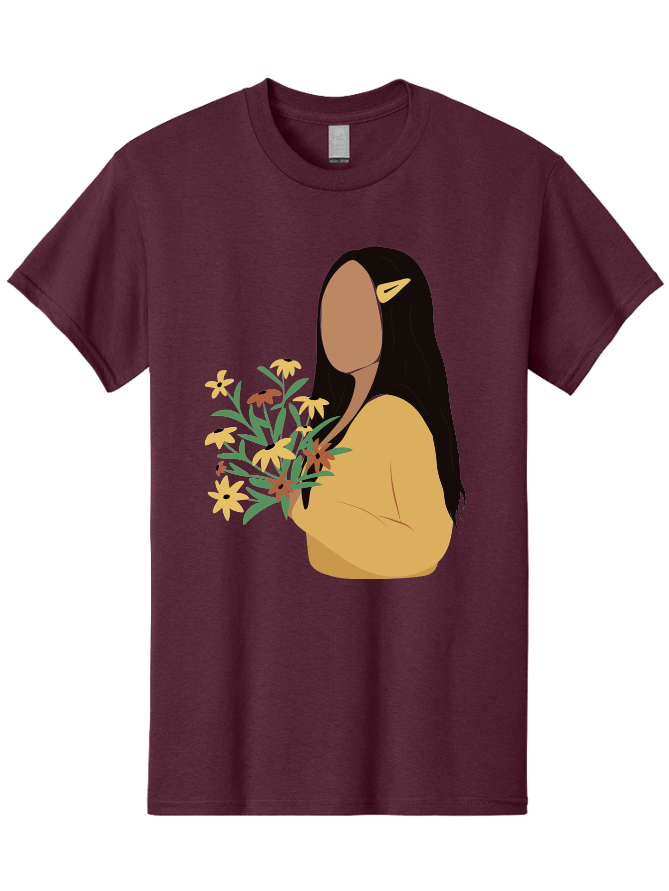 Woman-With-Flowers Men'S Graphic Tee, 100% Cotton, Comfortable Casual Summer Wear, Machine Washable, Woman Holding Flowers, Simple Illustration, Minimalist Design, Yellow Flowers, Long Black Hair, Yellow Shirt, Elegance, Simplicity, Aae074