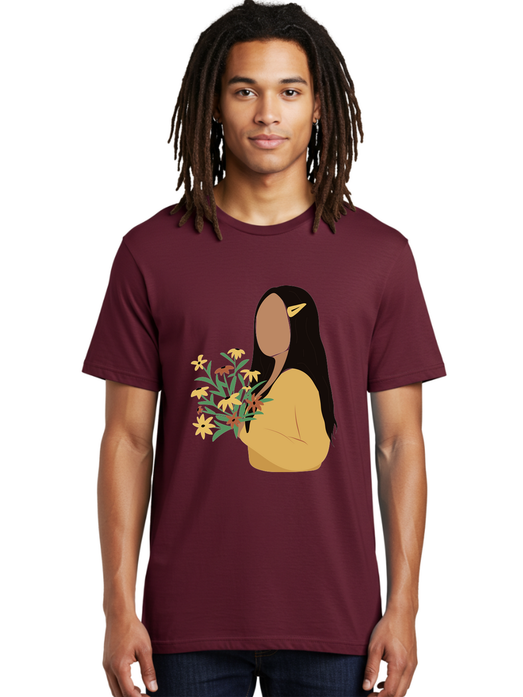 Woman-With-Flowers Men'S Graphic Tee, 100% Cotton, Comfortable Casual Summer Wear, Machine Washable, Woman Holding Flowers, Simple Illustration, Minimalist Design, Yellow Flowers, Long Black Hair, Yellow Shirt, Elegance, Simplicity, Aae074