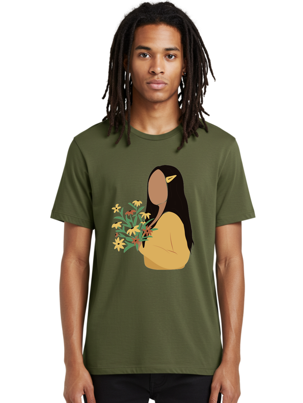 Woman-With-Flowers Men'S Graphic Tee, 100% Cotton, Comfortable Casual Summer Wear, Machine Washable, Woman Holding Flowers, Simple Illustration, Minimalist Design, Yellow Flowers, Long Black Hair, Yellow Shirt, Elegance, Simplicity, Aae074