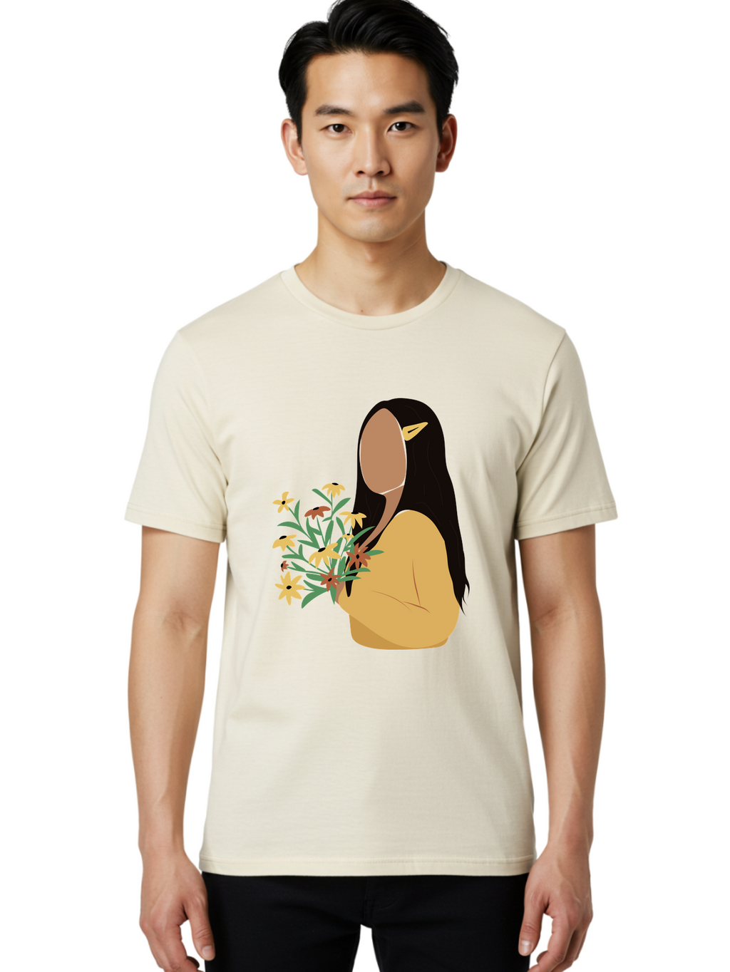Woman-With-Flowers Men'S Graphic Tee, 100% Cotton, Comfortable Casual Summer Wear, Machine Washable, Woman Holding Flowers, Simple Illustration, Minimalist Design, Yellow Flowers, Long Black Hair, Yellow Shirt, Elegance, Simplicity, Aae074