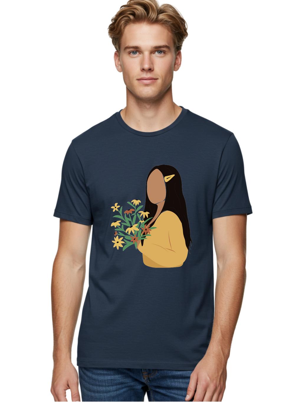 Woman-With-Flowers Men'S Graphic Tee, 100% Cotton, Comfortable Casual Summer Wear, Machine Washable, Woman Holding Flowers, Simple Illustration, Minimalist Design, Yellow Flowers, Long Black Hair, Yellow Shirt, Elegance, Simplicity, Aae074