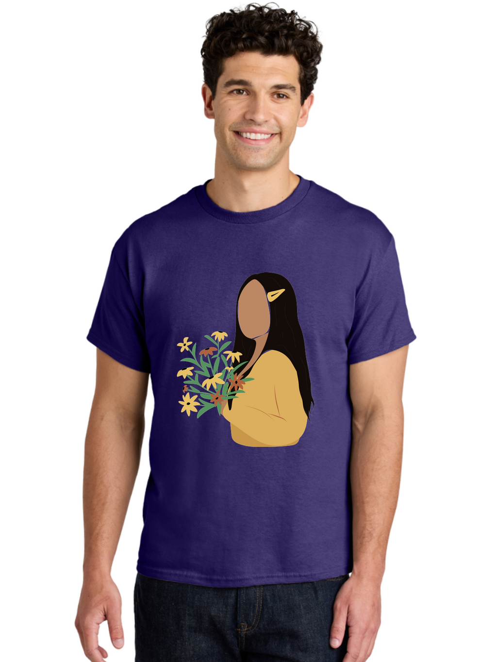 Woman-With-Flowers Men'S Graphic Tee, 100% Cotton, Comfortable Casual Summer Wear, Machine Washable, Woman Holding Flowers, Simple Illustration, Minimalist Design, Yellow Flowers, Long Black Hair, Yellow Shirt, Elegance, Simplicity, Aae074