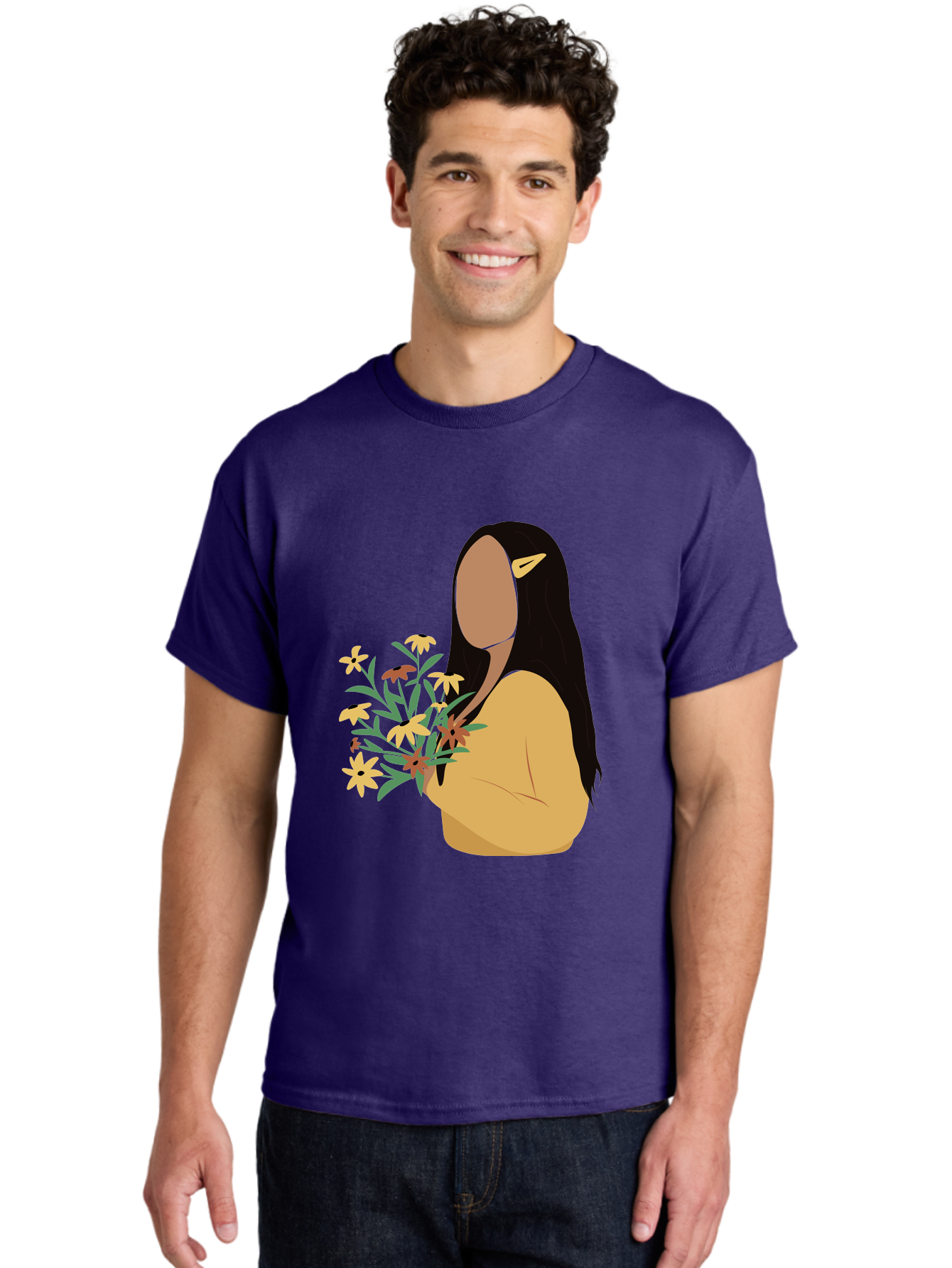 Woman-With-Flowers Men'S Graphic Tee, 100% Cotton, Comfortable Casual Summer Wear, Machine Washable, Woman Holding Flowers, Simple Illustration, Minimalist Design, Yellow Flowers, Long Black Hair, Yellow Shirt, Elegance, Simplicity, Aae074
