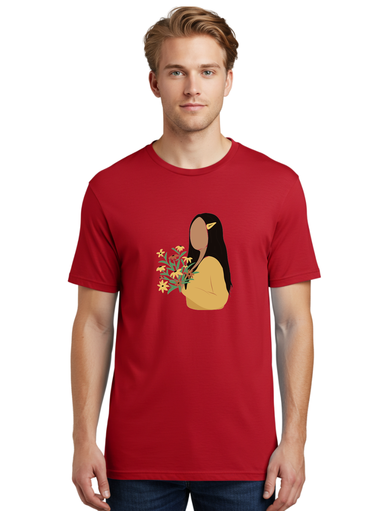Woman-With-Flowers Men'S Graphic Tee, 100% Cotton, Comfortable Casual Summer Wear, Machine Washable, Woman Holding Flowers, Simple Illustration, Minimalist Design, Yellow Flowers, Long Black Hair, Yellow Shirt, Elegance, Simplicity, Aae074