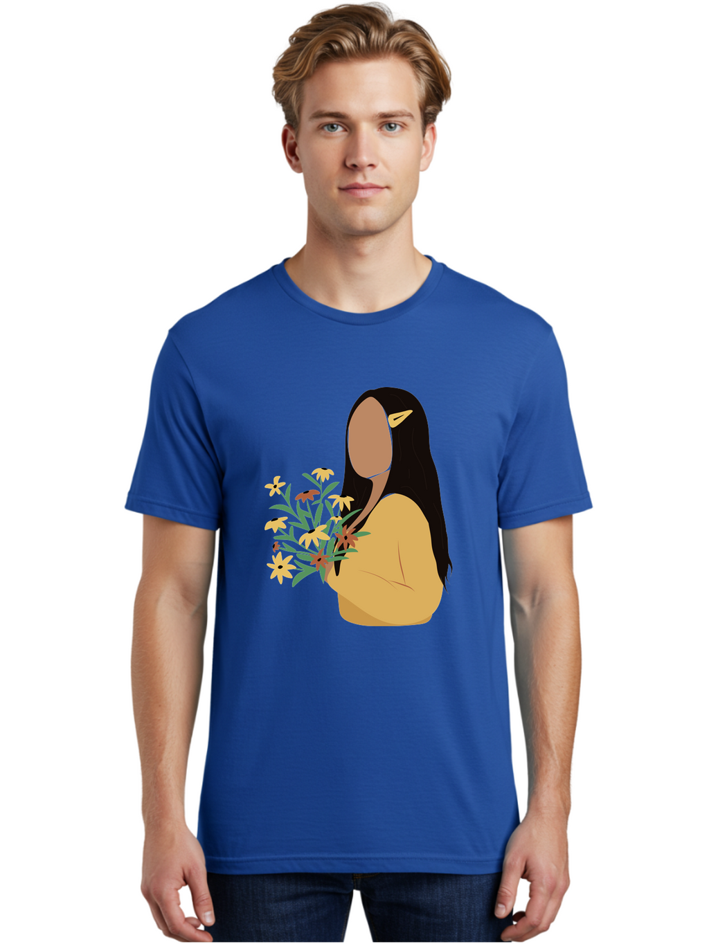Woman-With-Flowers Men'S Graphic Tee, 100% Cotton, Comfortable Casual Summer Wear, Machine Washable, Woman Holding Flowers, Simple Illustration, Minimalist Design, Yellow Flowers, Long Black Hair, Yellow Shirt, Elegance, Simplicity, Aae074
