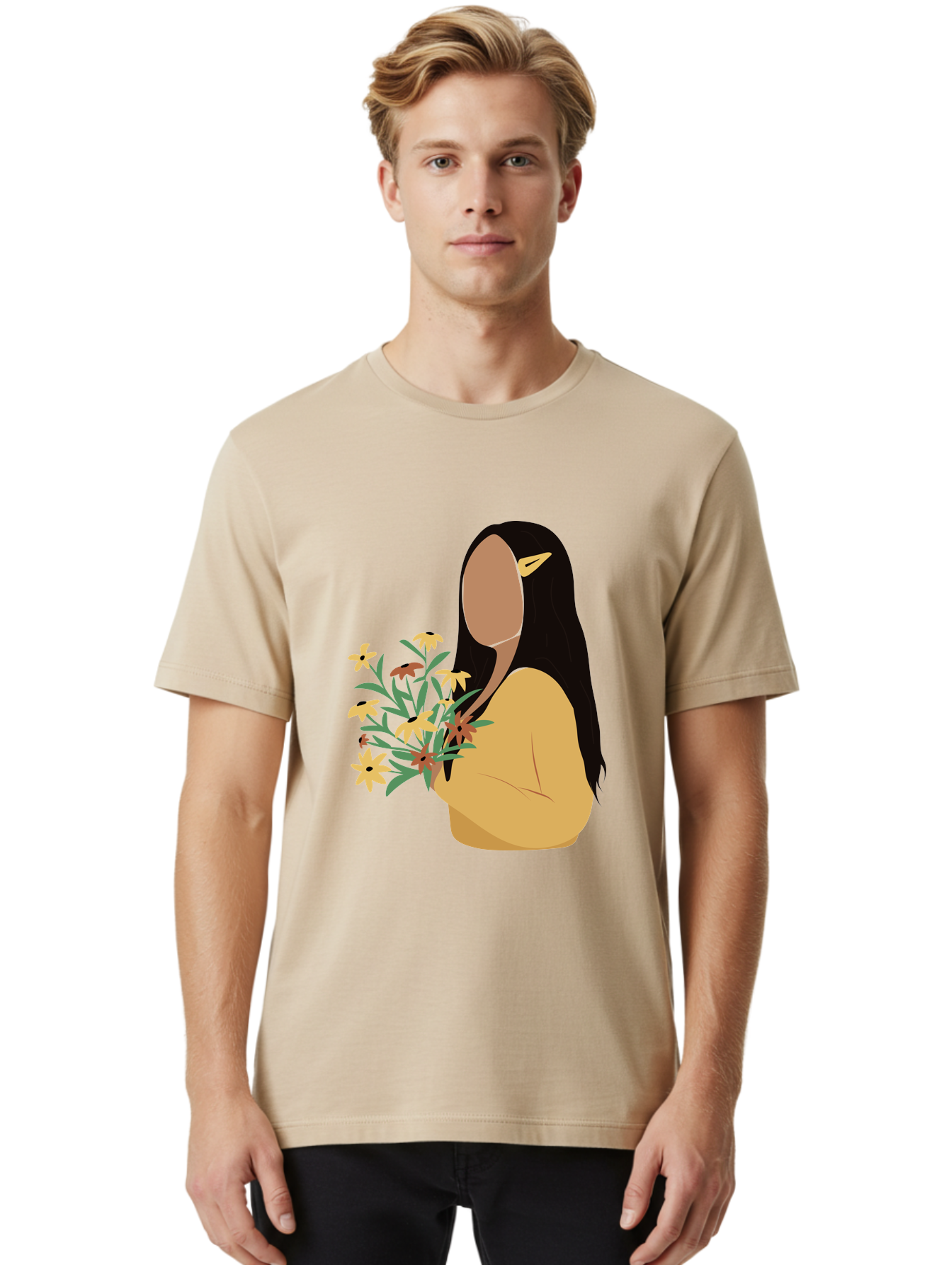 Woman-With-Flowers Men'S Graphic Tee, 100% Cotton, Comfortable Casual Summer Wear, Machine Washable, Woman Holding Flowers, Simple Illustration, Minimalist Design, Yellow Flowers, Long Black Hair, Yellow Shirt, Elegance, Simplicity, Aae074