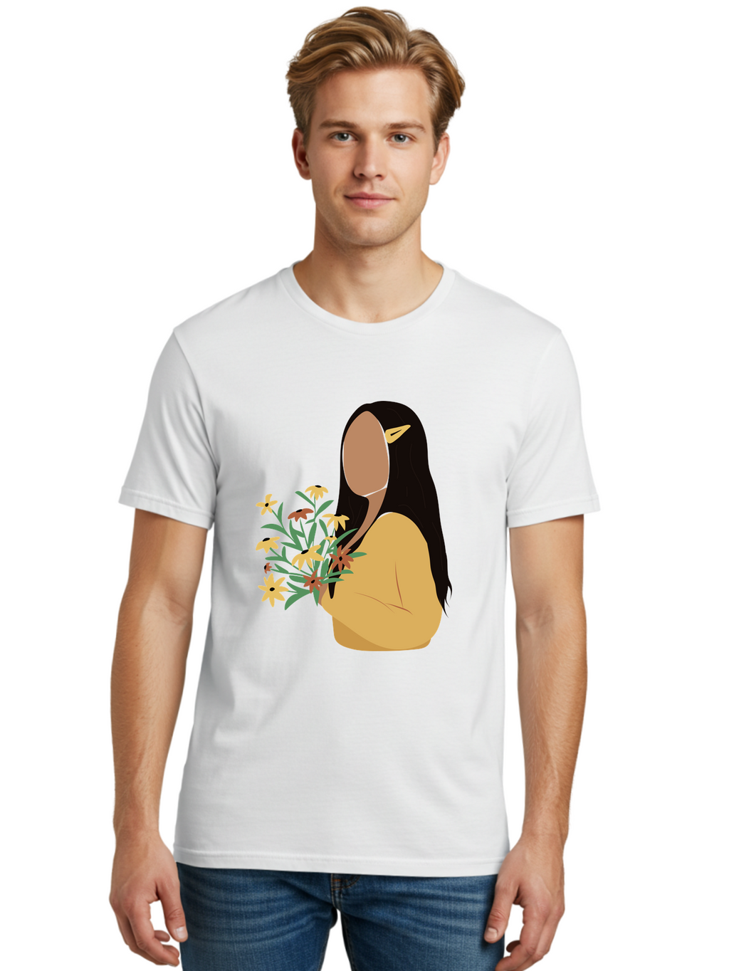 Woman-With-Flowers Men'S Graphic Tee, 100% Cotton, Comfortable Casual Summer Wear, Machine Washable, Woman Holding Flowers, Simple Illustration, Minimalist Design, Yellow Flowers, Long Black Hair, Yellow Shirt, Elegance, Simplicity, Aae074