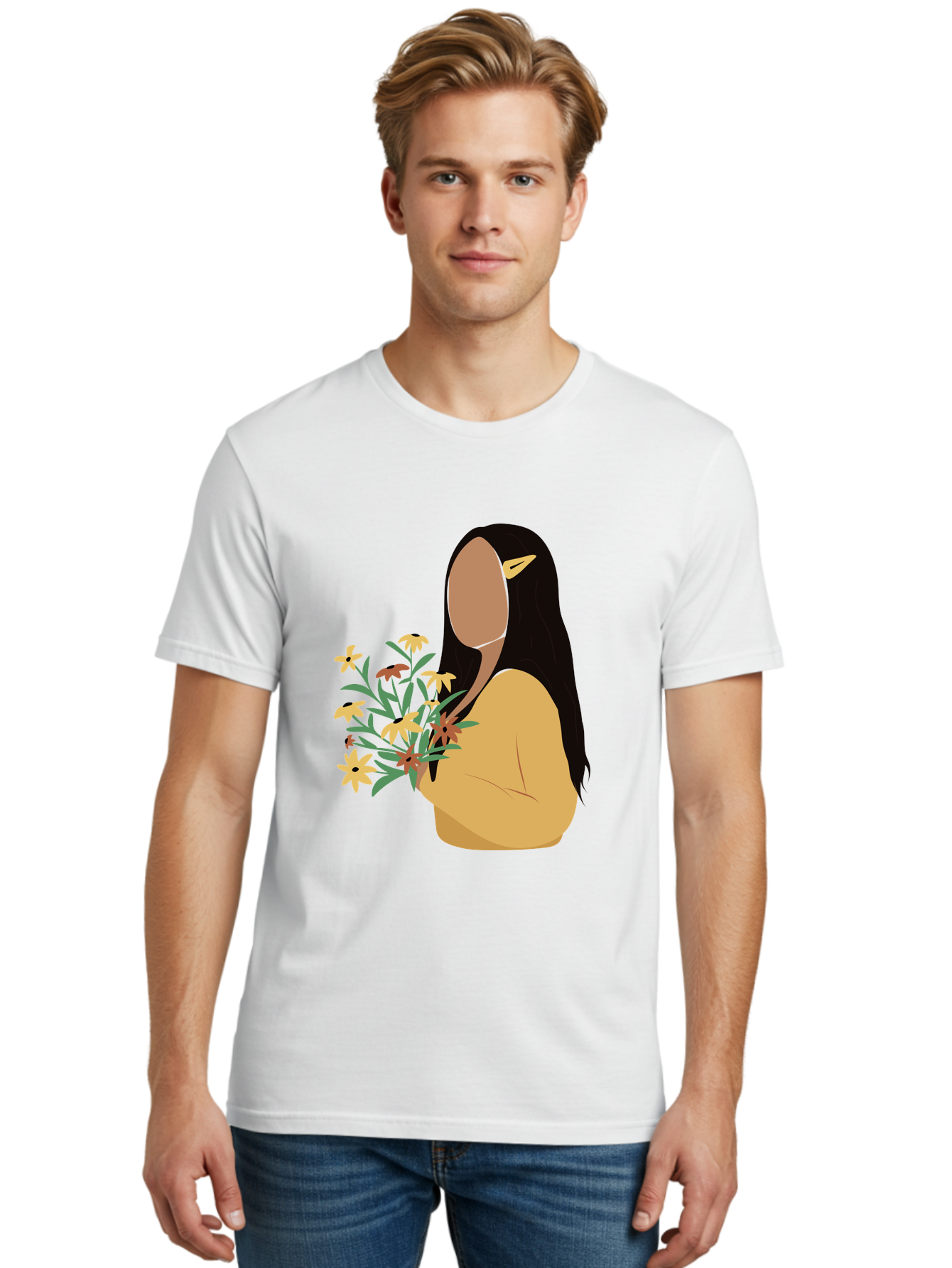 Woman-With-Flowers Men'S Graphic Tee, 100% Cotton, Comfortable Casual Summer Wear, Machine Washable, Woman Holding Flowers, Simple Illustration, Minimalist Design, Yellow Flowers, Long Black Hair, Yellow Shirt, Elegance, Simplicity, Aae074