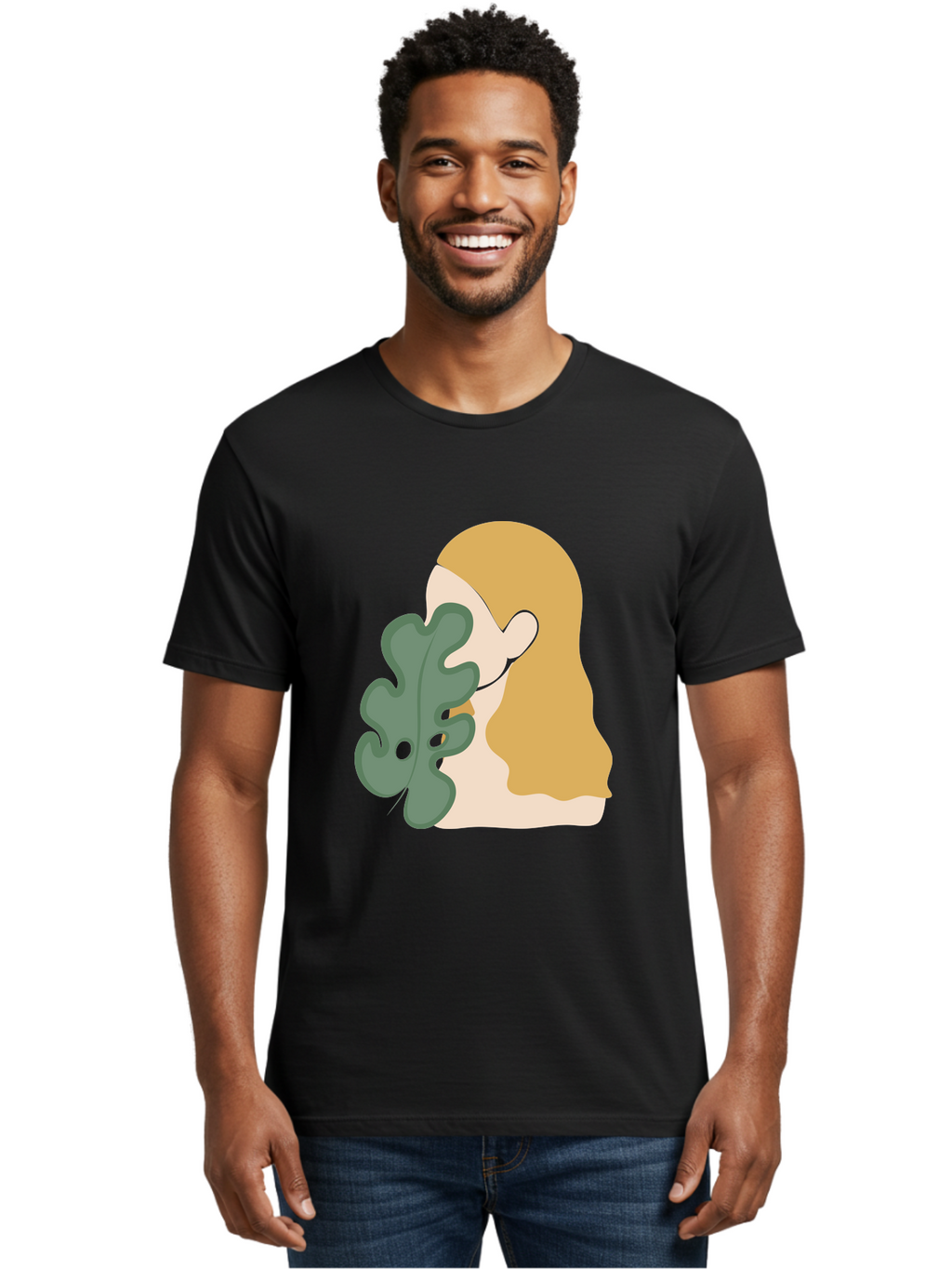 Woman-With-Leaf Men'S Graphic Tee, 100% Cotton, Comfortable Casual Summer Wear, Machine Washable, Woman Holding Leaf, Abstract Art, Minimalist Design, Green Leaves, Long Hair, Digital Illustration, Modern Artwork, Creative Portrait Aae075
