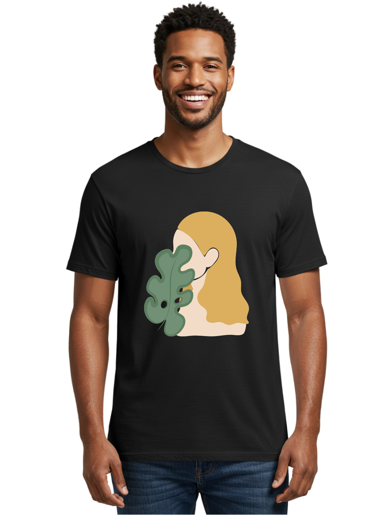Woman-With-Leaf Men'S Graphic Tee, 100% Cotton, Comfortable Casual Summer Wear, Machine Washable, Woman Holding Leaf, Abstract Art, Minimalist Design, Green Leaves, Long Hair, Digital Illustration, Modern Artwork, Creative Portrait Aae075
