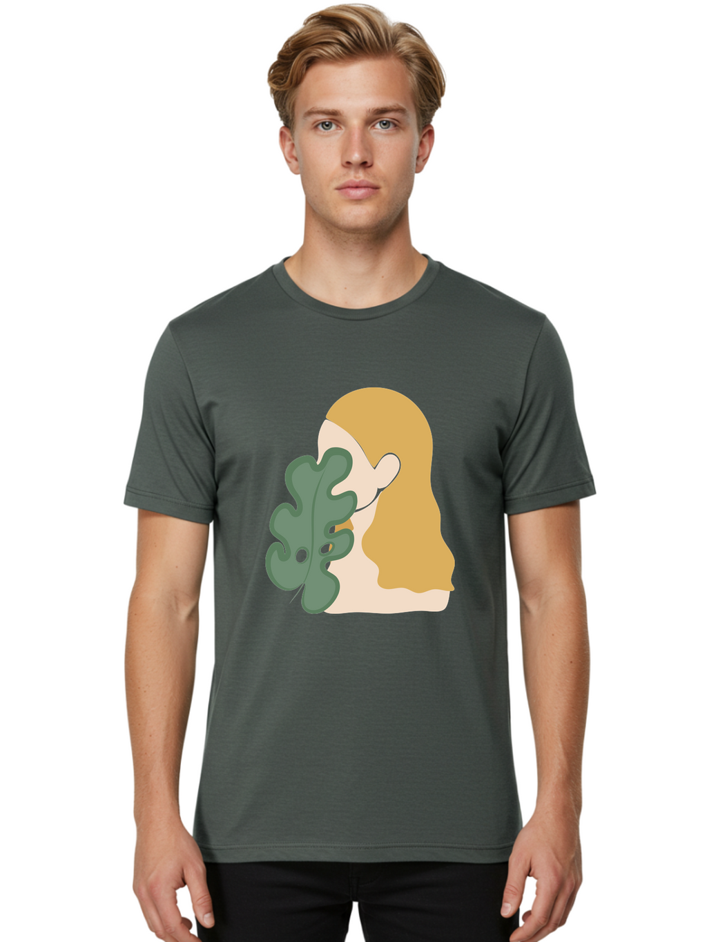 Woman-With-Leaf Men'S Graphic Tee, 100% Cotton, Comfortable Casual Summer Wear, Machine Washable, Woman Holding Leaf, Abstract Art, Minimalist Design, Green Leaves, Long Hair, Digital Illustration, Modern Artwork, Creative Portrait Aae075