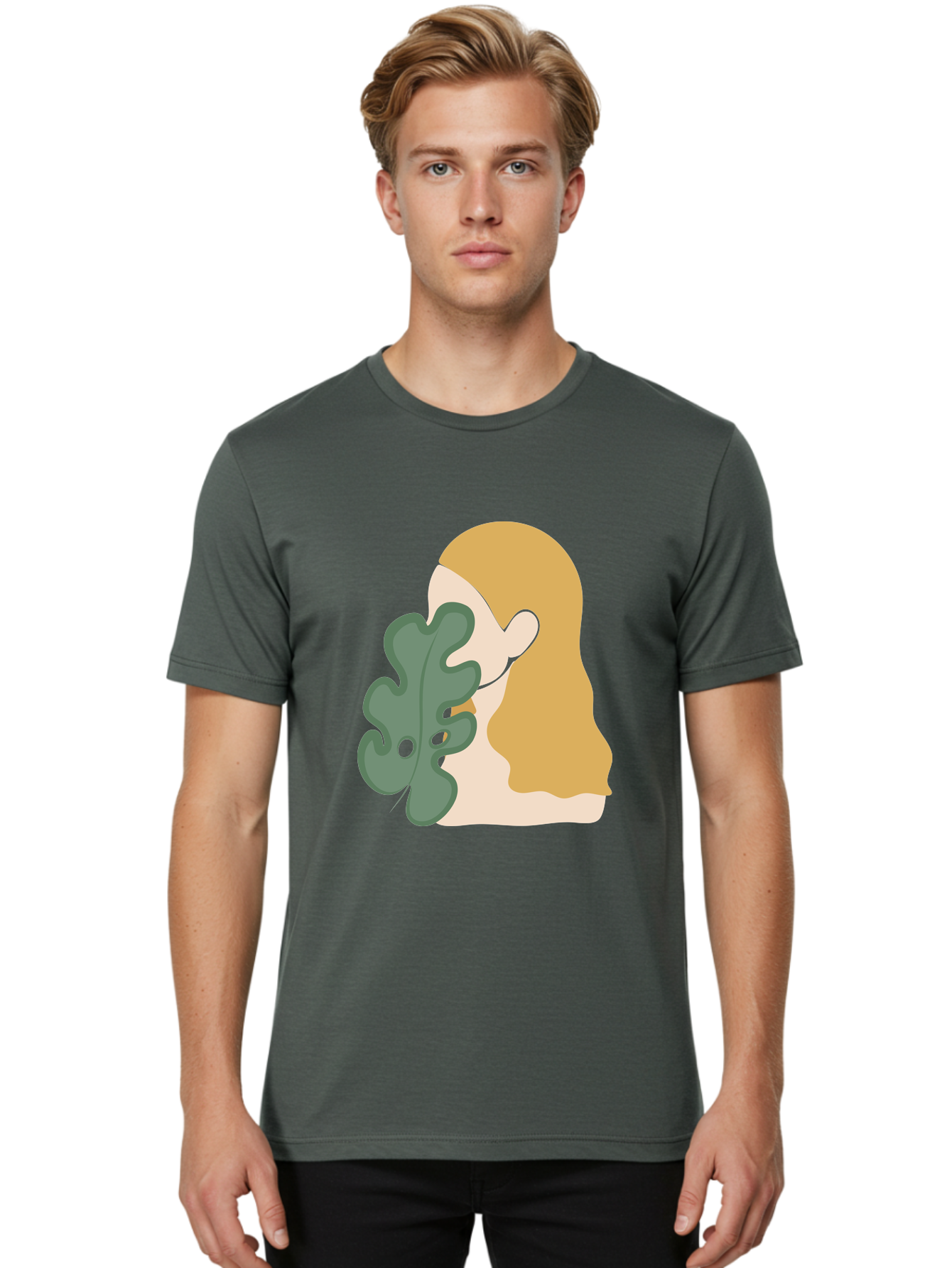 Woman-With-Leaf Men'S Graphic Tee, 100% Cotton, Comfortable Casual Summer Wear, Machine Washable, Woman Holding Leaf, Abstract Art, Minimalist Design, Green Leaves, Long Hair, Digital Illustration, Modern Artwork, Creative Portrait Aae075