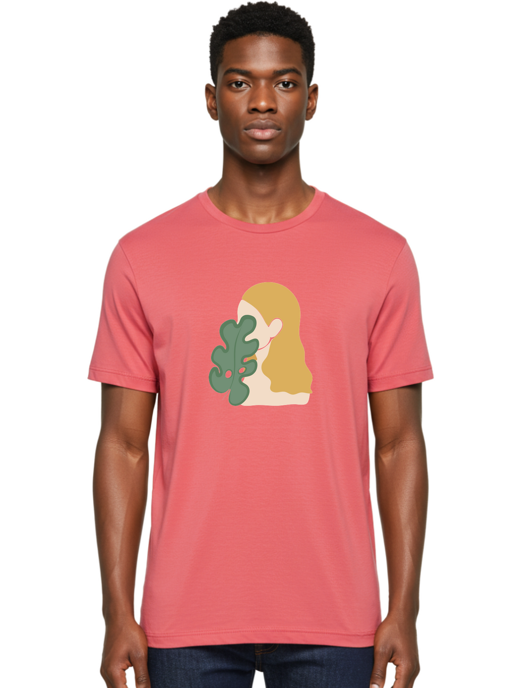 Woman-With-Leaf Men'S Graphic Tee, 100% Cotton, Comfortable Casual Summer Wear, Machine Washable, Woman Holding Leaf, Abstract Art, Minimalist Design, Green Leaves, Long Hair, Digital Illustration, Modern Artwork, Creative Portrait Aae075