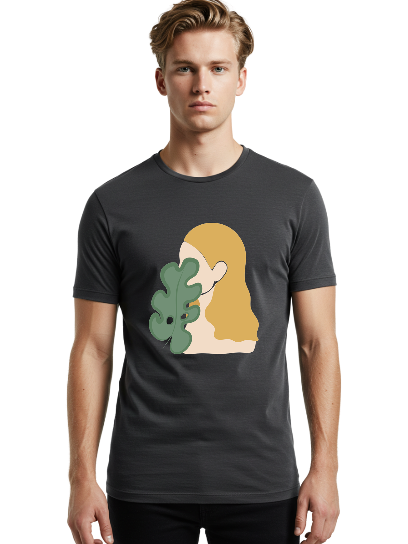 Woman-With-Leaf Men'S Graphic Tee, 100% Cotton, Comfortable Casual Summer Wear, Machine Washable, Woman Holding Leaf, Abstract Art, Minimalist Design, Green Leaves, Long Hair, Digital Illustration, Modern Artwork, Creative Portrait Aae075