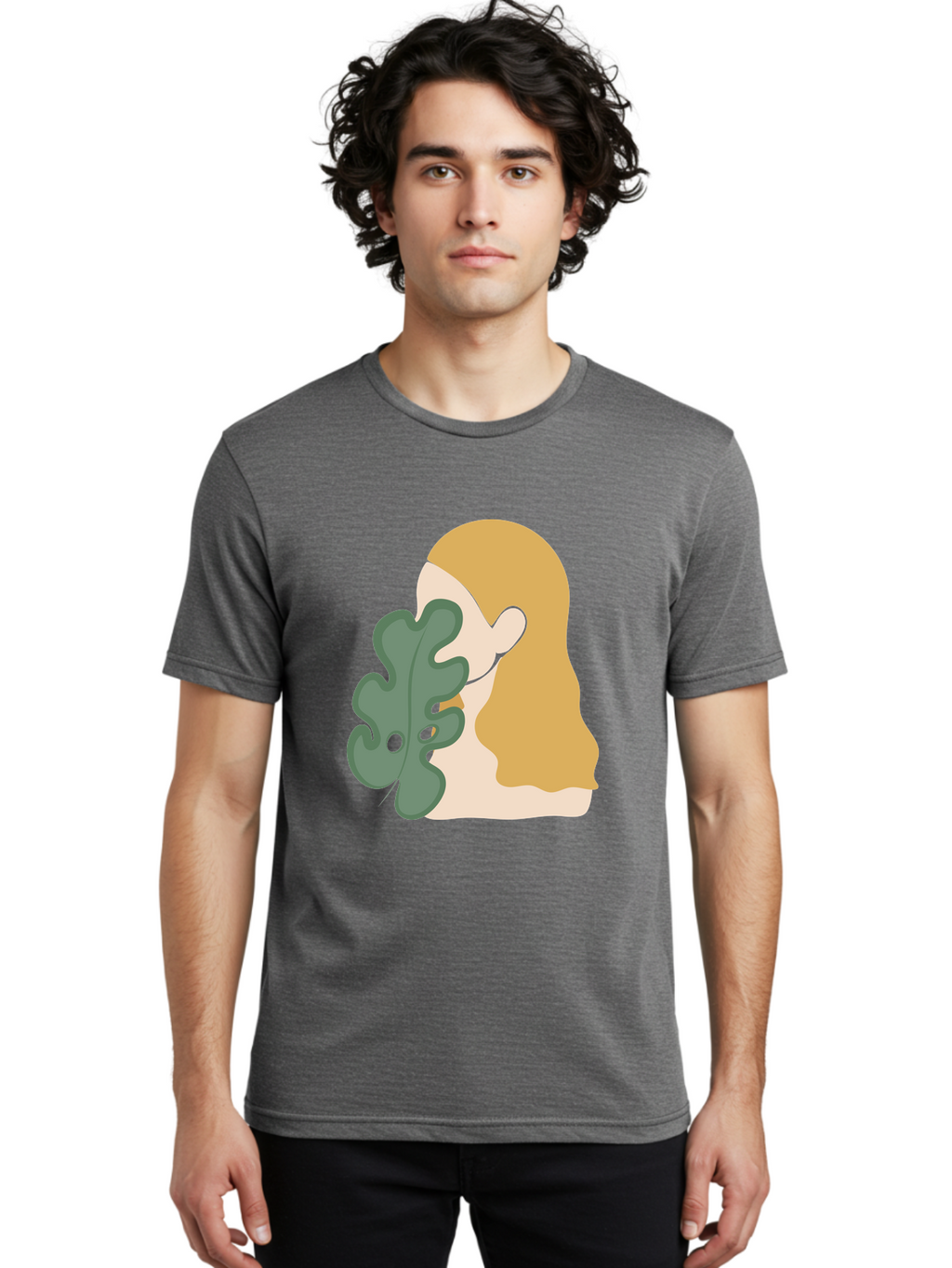Woman-With-Leaf Men'S Graphic Tee, 100% Cotton, Comfortable Casual Summer Wear, Machine Washable, Woman Holding Leaf, Abstract Art, Minimalist Design, Green Leaves, Long Hair, Digital Illustration, Modern Artwork, Creative Portrait Aae075
