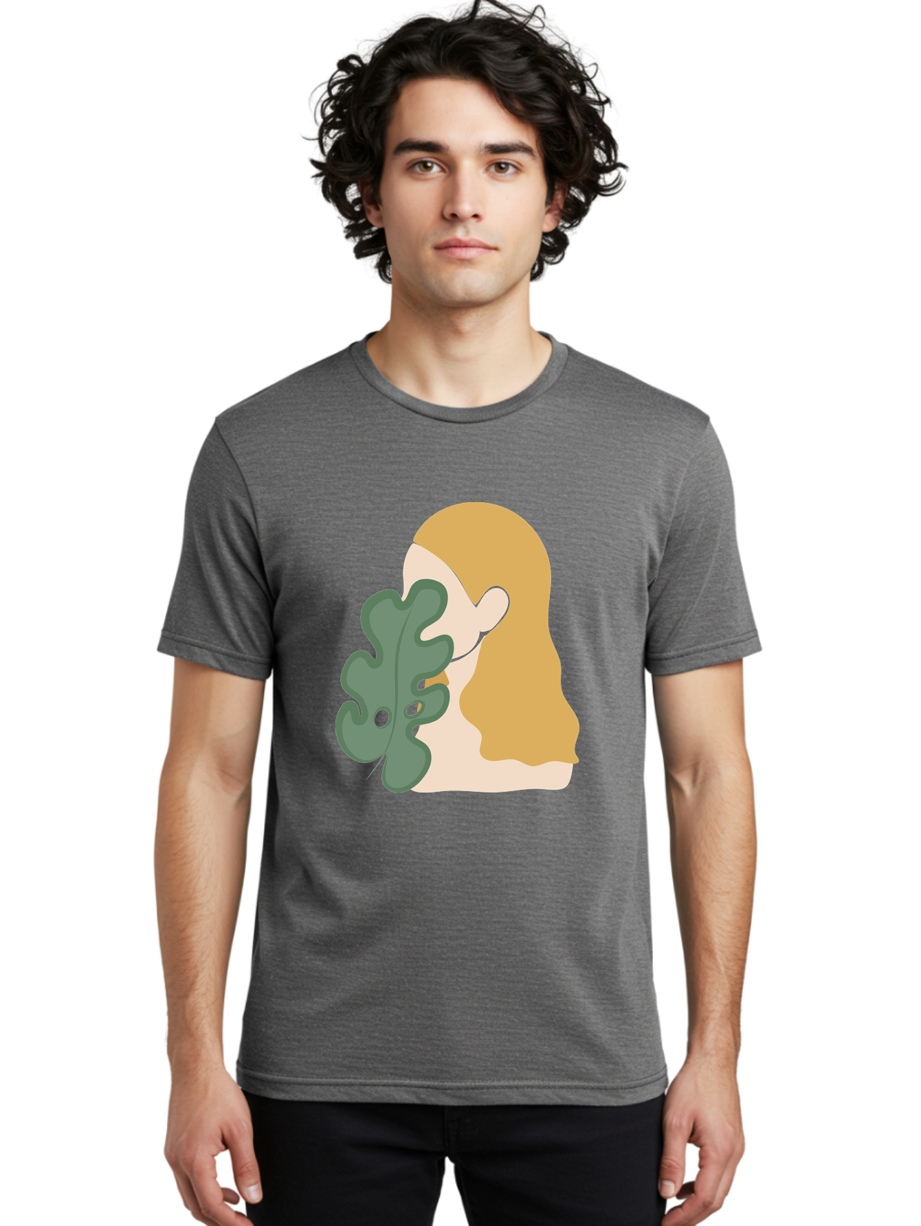 Woman-With-Leaf Men'S Graphic Tee, 100% Cotton, Comfortable Casual Summer Wear, Machine Washable, Woman Holding Leaf, Abstract Art, Minimalist Design, Green Leaves, Long Hair, Digital Illustration, Modern Artwork, Creative Portrait Aae075