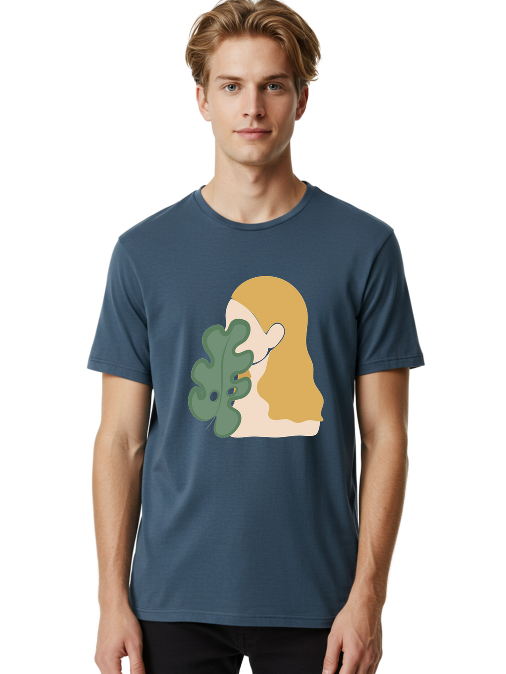 Woman-With-Leaf Men'S Graphic Tee, 100% Cotton, Comfortable Casual Summer Wear, Machine Washable, Woman Holding Leaf, Abstract Art, Minimalist Design, Green Leaves, Long Hair, Digital Illustration, Modern Artwork, Creative Portrait Aae075