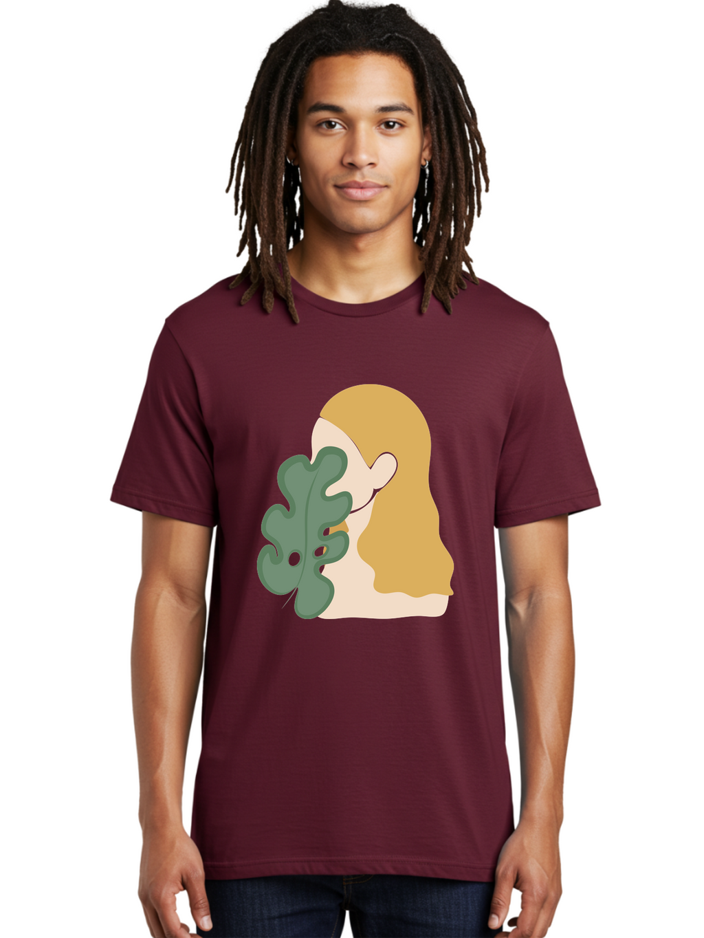 Woman-With-Leaf Men'S Graphic Tee, 100% Cotton, Comfortable Casual Summer Wear, Machine Washable, Woman Holding Leaf, Abstract Art, Minimalist Design, Green Leaves, Long Hair, Digital Illustration, Modern Artwork, Creative Portrait Aae075