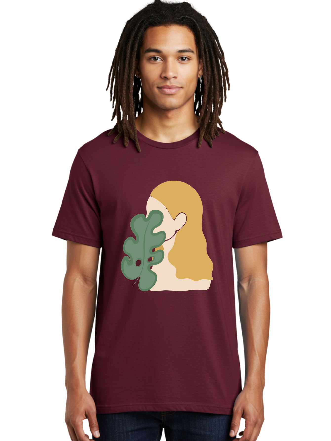 Woman-With-Leaf Men'S Graphic Tee, 100% Cotton, Comfortable Casual Summer Wear, Machine Washable, Woman Holding Leaf, Abstract Art, Minimalist Design, Green Leaves, Long Hair, Digital Illustration, Modern Artwork, Creative Portrait Aae075