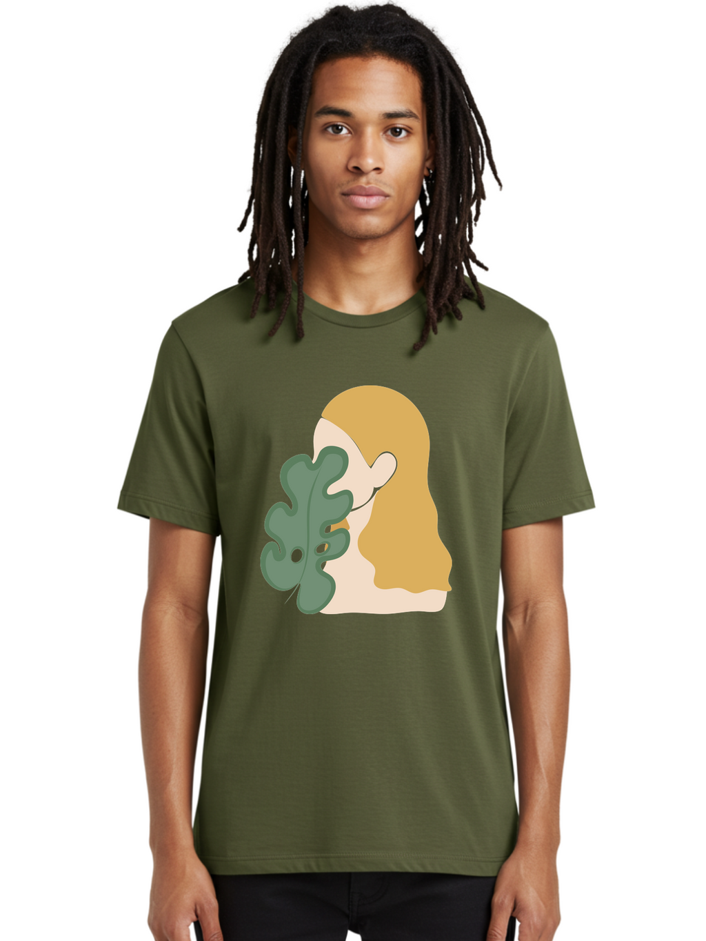 Woman-With-Leaf Men'S Graphic Tee, 100% Cotton, Comfortable Casual Summer Wear, Machine Washable, Woman Holding Leaf, Abstract Art, Minimalist Design, Green Leaves, Long Hair, Digital Illustration, Modern Artwork, Creative Portrait Aae075