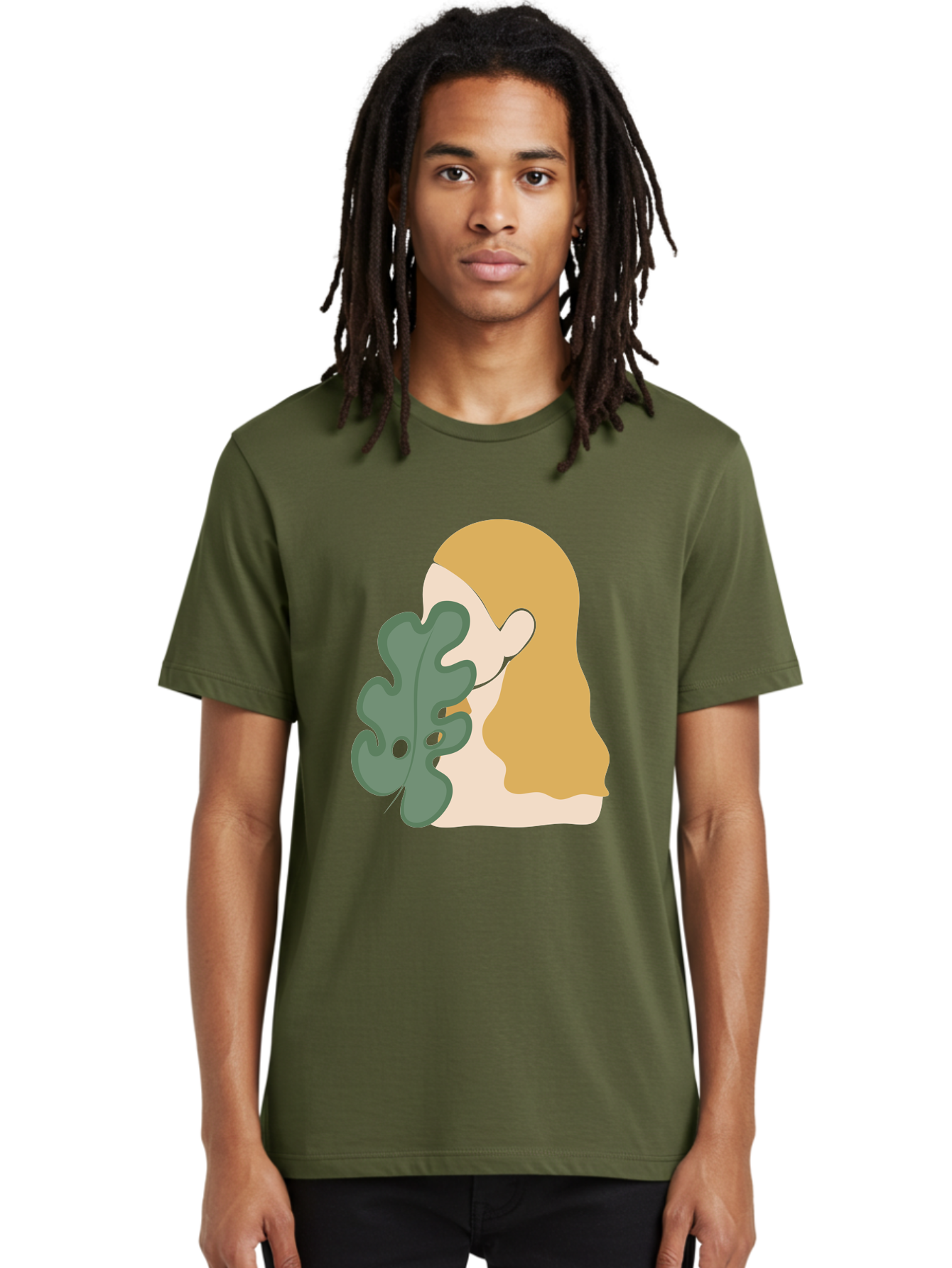 Woman-With-Leaf Men'S Graphic Tee, 100% Cotton, Comfortable Casual Summer Wear, Machine Washable, Woman Holding Leaf, Abstract Art, Minimalist Design, Green Leaves, Long Hair, Digital Illustration, Modern Artwork, Creative Portrait Aae075