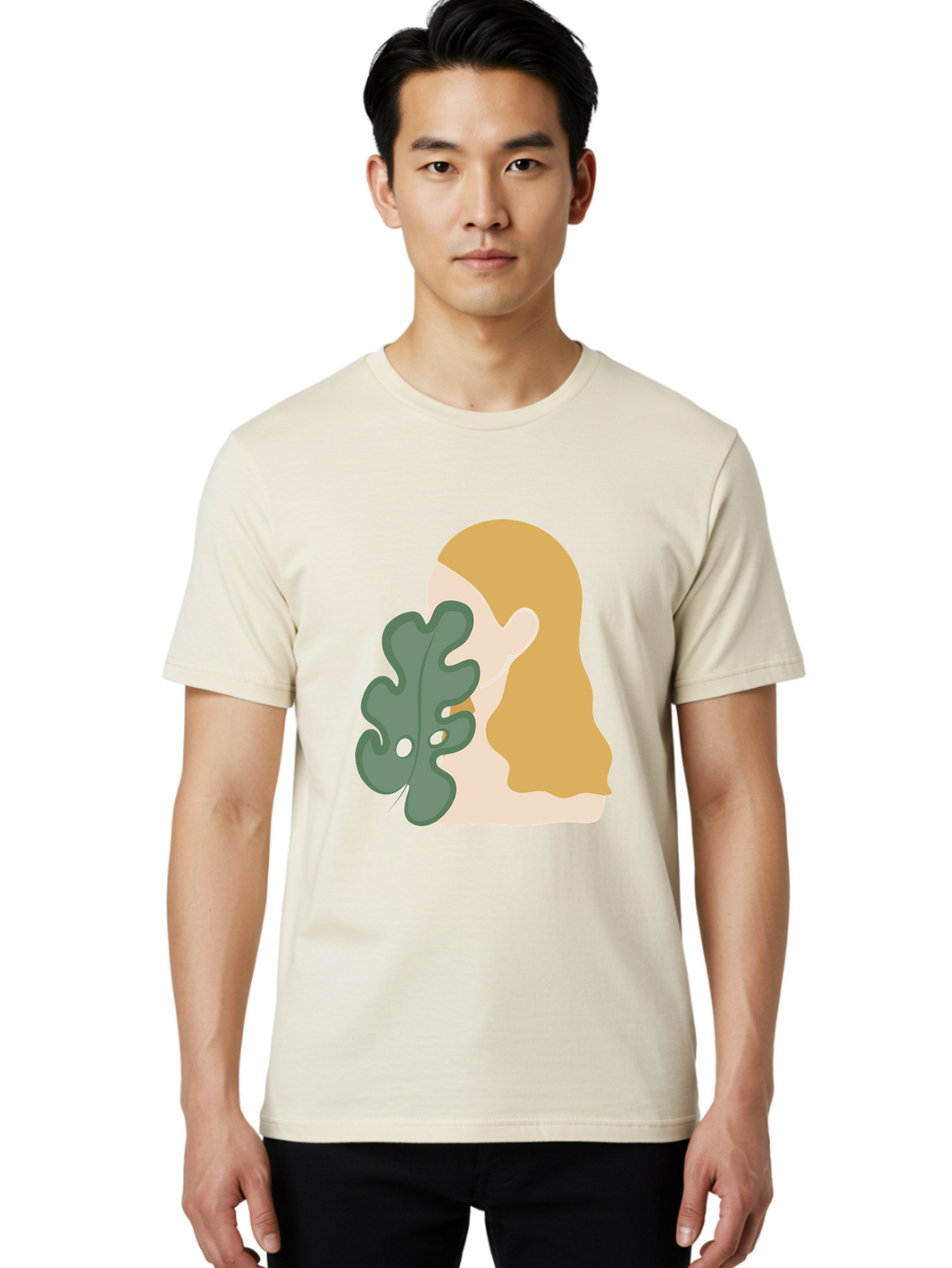 Woman-With-Leaf Men'S Graphic Tee, 100% Cotton, Comfortable Casual Summer Wear, Machine Washable, Woman Holding Leaf, Abstract Art, Minimalist Design, Green Leaves, Long Hair, Digital Illustration, Modern Artwork, Creative Portrait Aae075