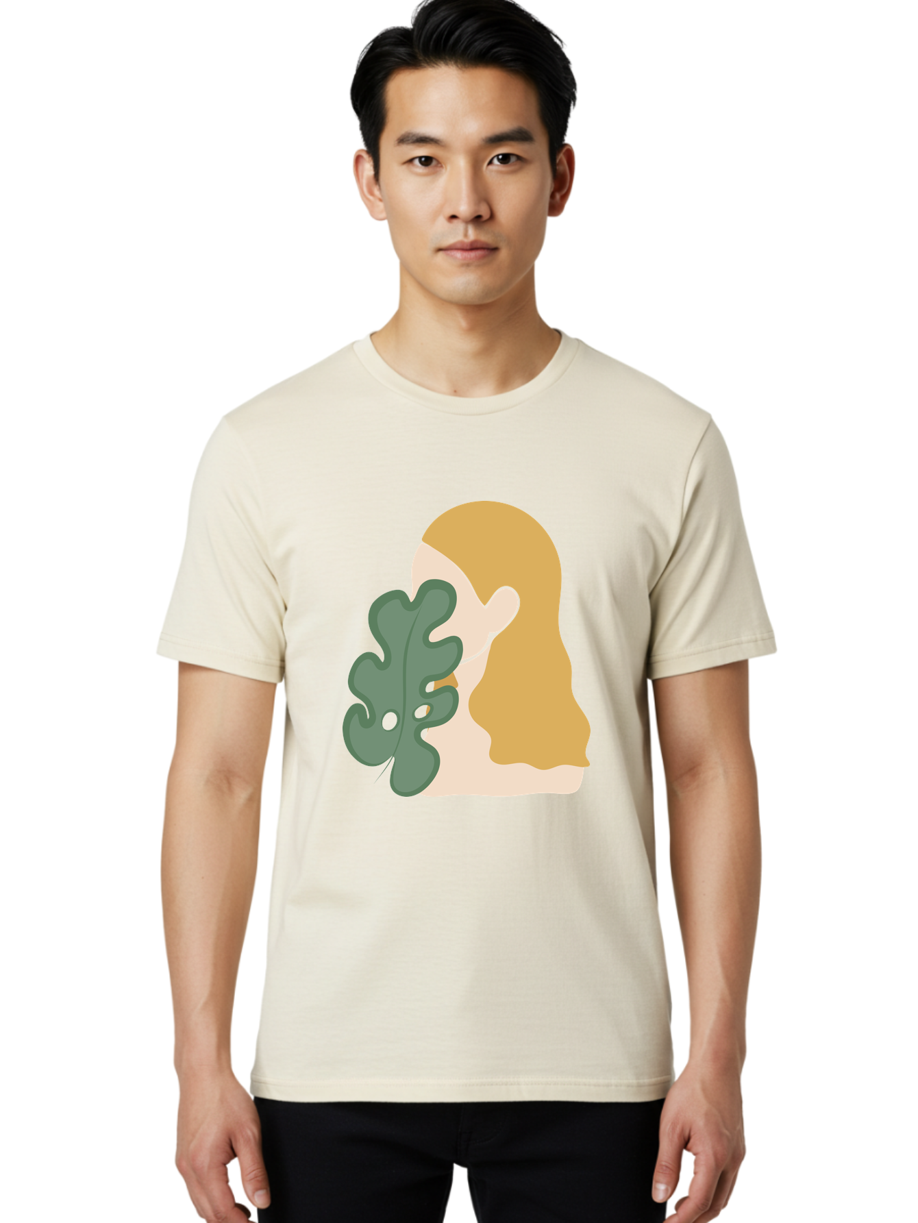 Woman-With-Leaf Men'S Graphic Tee, 100% Cotton, Comfortable Casual Summer Wear, Machine Washable, Woman Holding Leaf, Abstract Art, Minimalist Design, Green Leaves, Long Hair, Digital Illustration, Modern Artwork, Creative Portrait Aae075