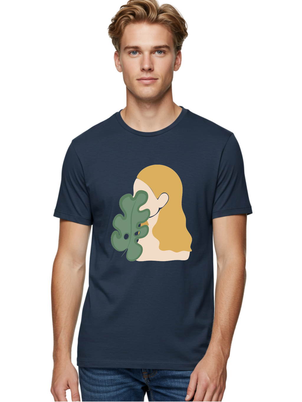 Woman-With-Leaf Men'S Graphic Tee, 100% Cotton, Comfortable Casual Summer Wear, Machine Washable, Woman Holding Leaf, Abstract Art, Minimalist Design, Green Leaves, Long Hair, Digital Illustration, Modern Artwork, Creative Portrait Aae075
