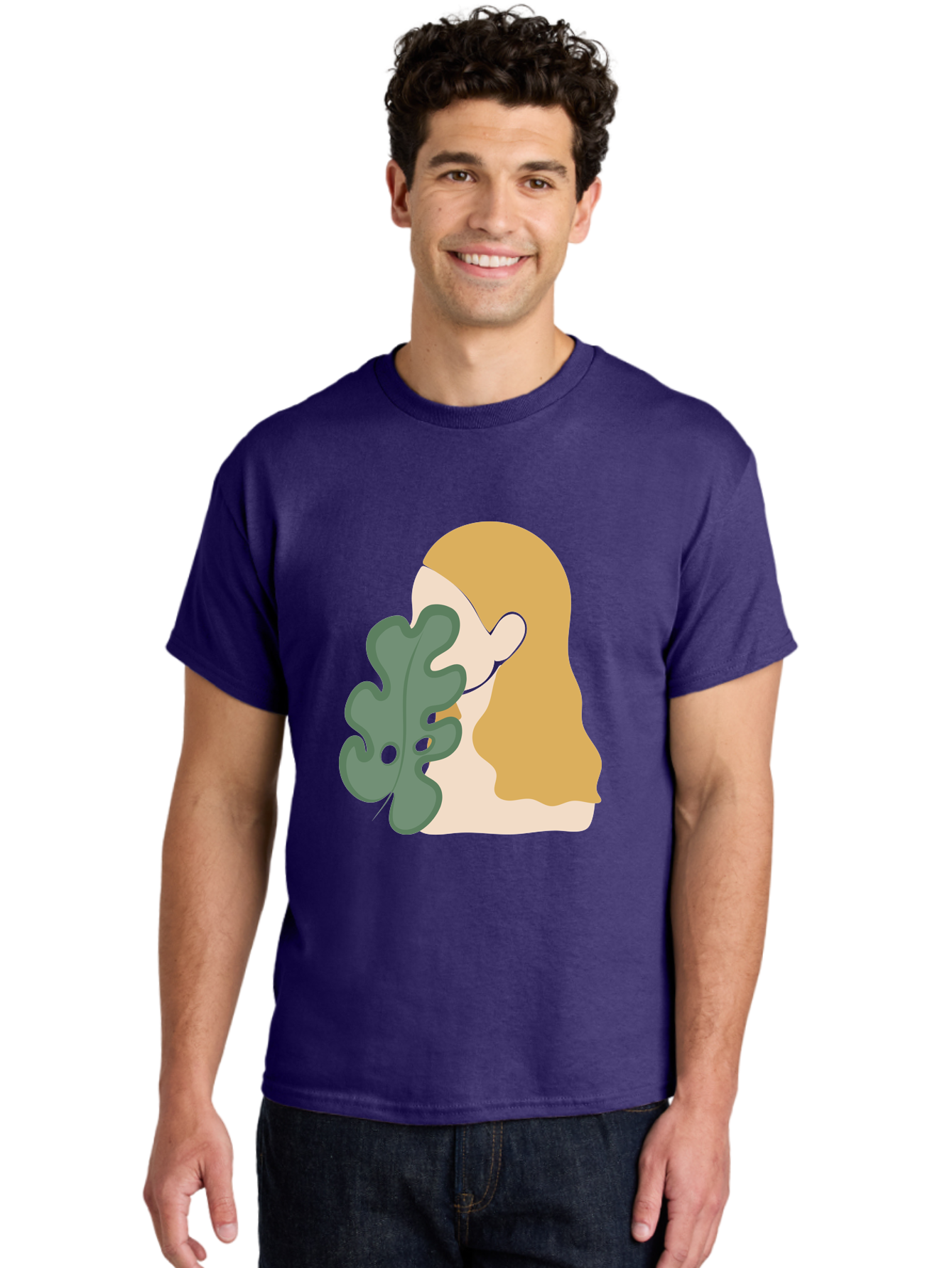 Woman-With-Leaf Men'S Graphic Tee, 100% Cotton, Comfortable Casual Summer Wear, Machine Washable, Woman Holding Leaf, Abstract Art, Minimalist Design, Green Leaves, Long Hair, Digital Illustration, Modern Artwork, Creative Portrait Aae075