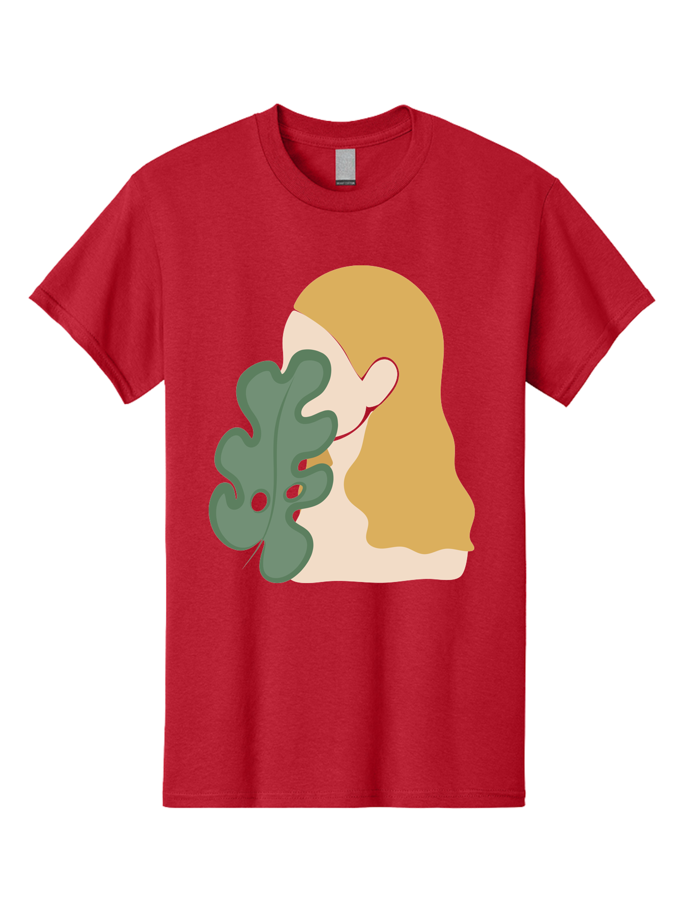 Woman-With-Leaf Men'S Graphic Tee, 100% Cotton, Comfortable Casual Summer Wear, Machine Washable, Woman Holding Leaf, Abstract Art, Minimalist Design, Green Leaves, Long Hair, Digital Illustration, Modern Artwork, Creative Portrait Aae075