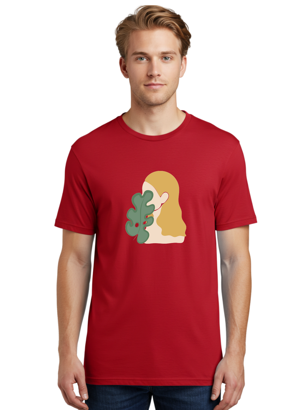 Woman-With-Leaf Men'S Graphic Tee, 100% Cotton, Comfortable Casual Summer Wear, Machine Washable, Woman Holding Leaf, Abstract Art, Minimalist Design, Green Leaves, Long Hair, Digital Illustration, Modern Artwork, Creative Portrait Aae075