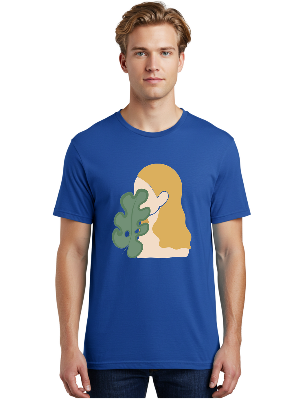 Woman-With-Leaf Men'S Graphic Tee, 100% Cotton, Comfortable Casual Summer Wear, Machine Washable, Woman Holding Leaf, Abstract Art, Minimalist Design, Green Leaves, Long Hair, Digital Illustration, Modern Artwork, Creative Portrait Aae075