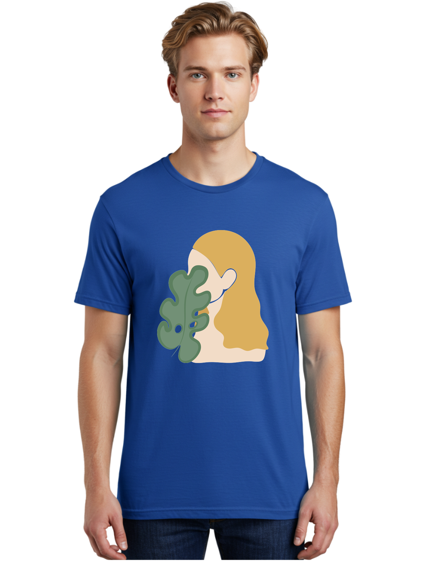 Woman-With-Leaf Men'S Graphic Tee, 100% Cotton, Comfortable Casual Summer Wear, Machine Washable, Woman Holding Leaf, Abstract Art, Minimalist Design, Green Leaves, Long Hair, Digital Illustration, Modern Artwork, Creative Portrait Aae075