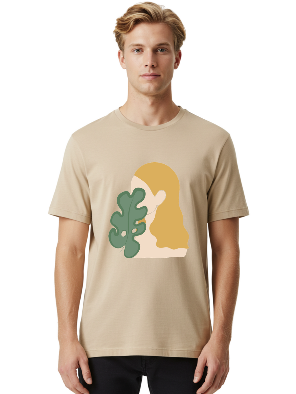Woman-With-Leaf Men'S Graphic Tee, 100% Cotton, Comfortable Casual Summer Wear, Machine Washable, Woman Holding Leaf, Abstract Art, Minimalist Design, Green Leaves, Long Hair, Digital Illustration, Modern Artwork, Creative Portrait Aae075