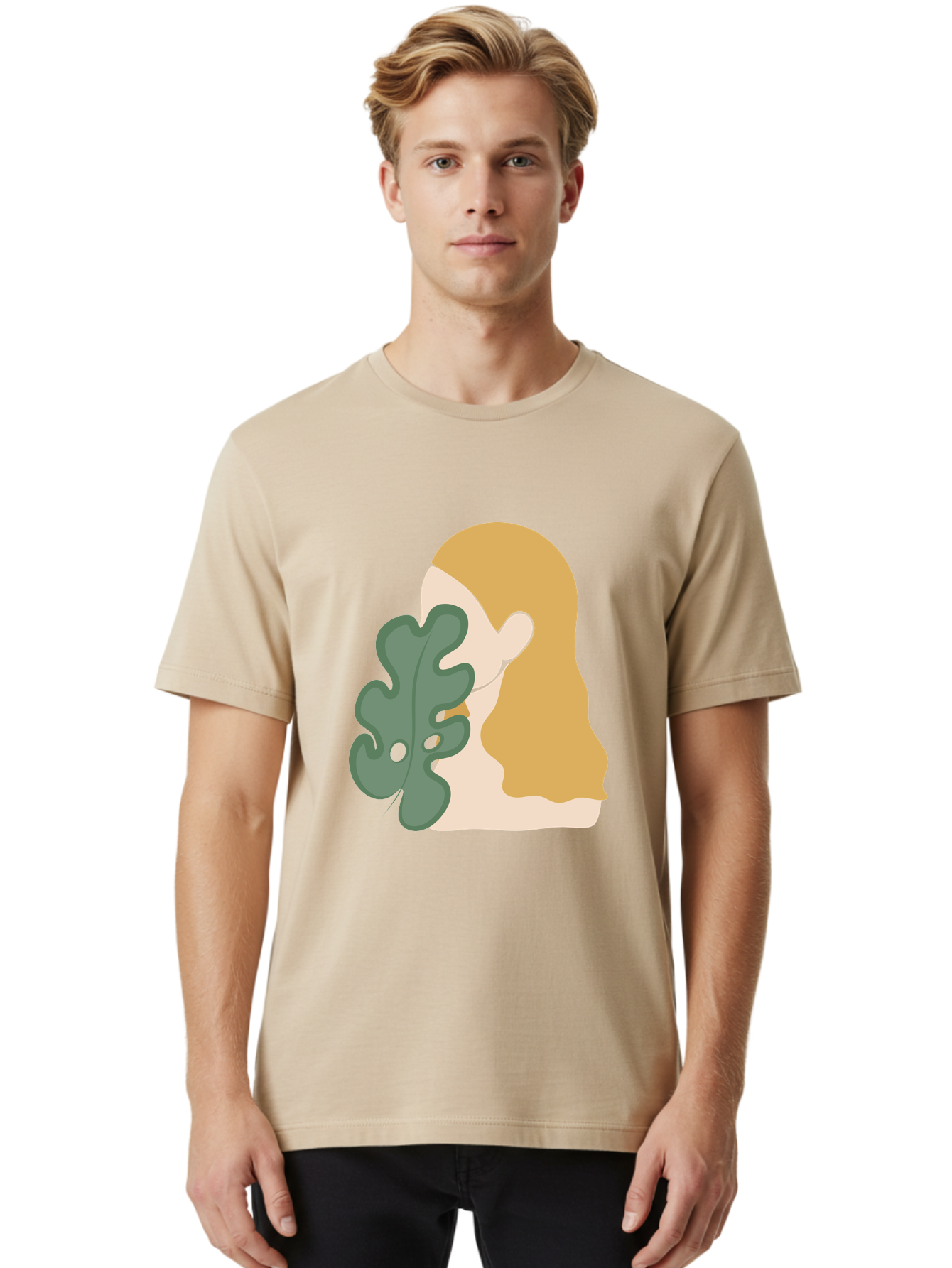 Woman-With-Leaf Men'S Graphic Tee, 100% Cotton, Comfortable Casual Summer Wear, Machine Washable, Woman Holding Leaf, Abstract Art, Minimalist Design, Green Leaves, Long Hair, Digital Illustration, Modern Artwork, Creative Portrait Aae075