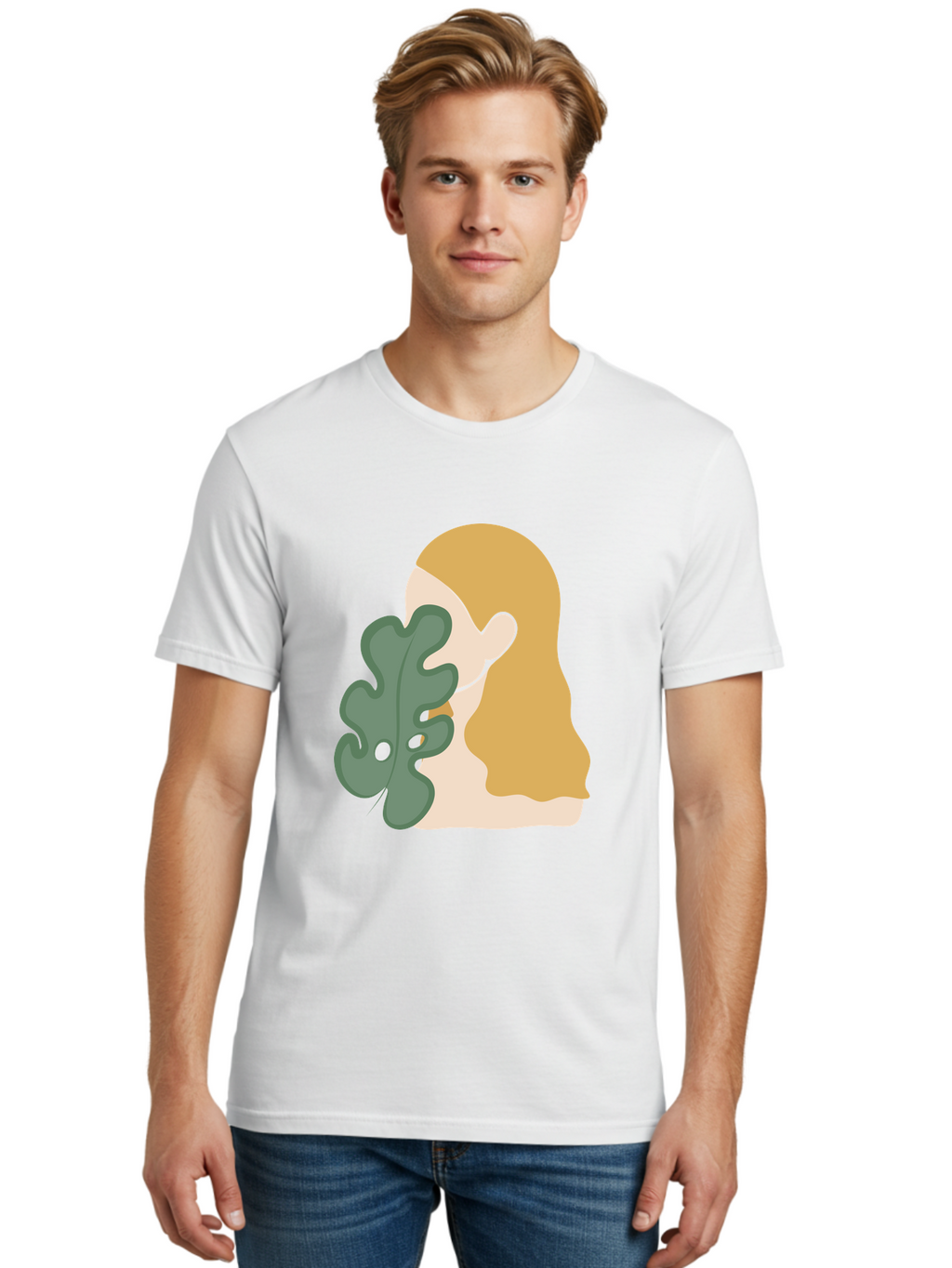 Woman-With-Leaf Men'S Graphic Tee, 100% Cotton, Comfortable Casual Summer Wear, Machine Washable, Woman Holding Leaf, Abstract Art, Minimalist Design, Green Leaves, Long Hair, Digital Illustration, Modern Artwork, Creative Portrait Aae075